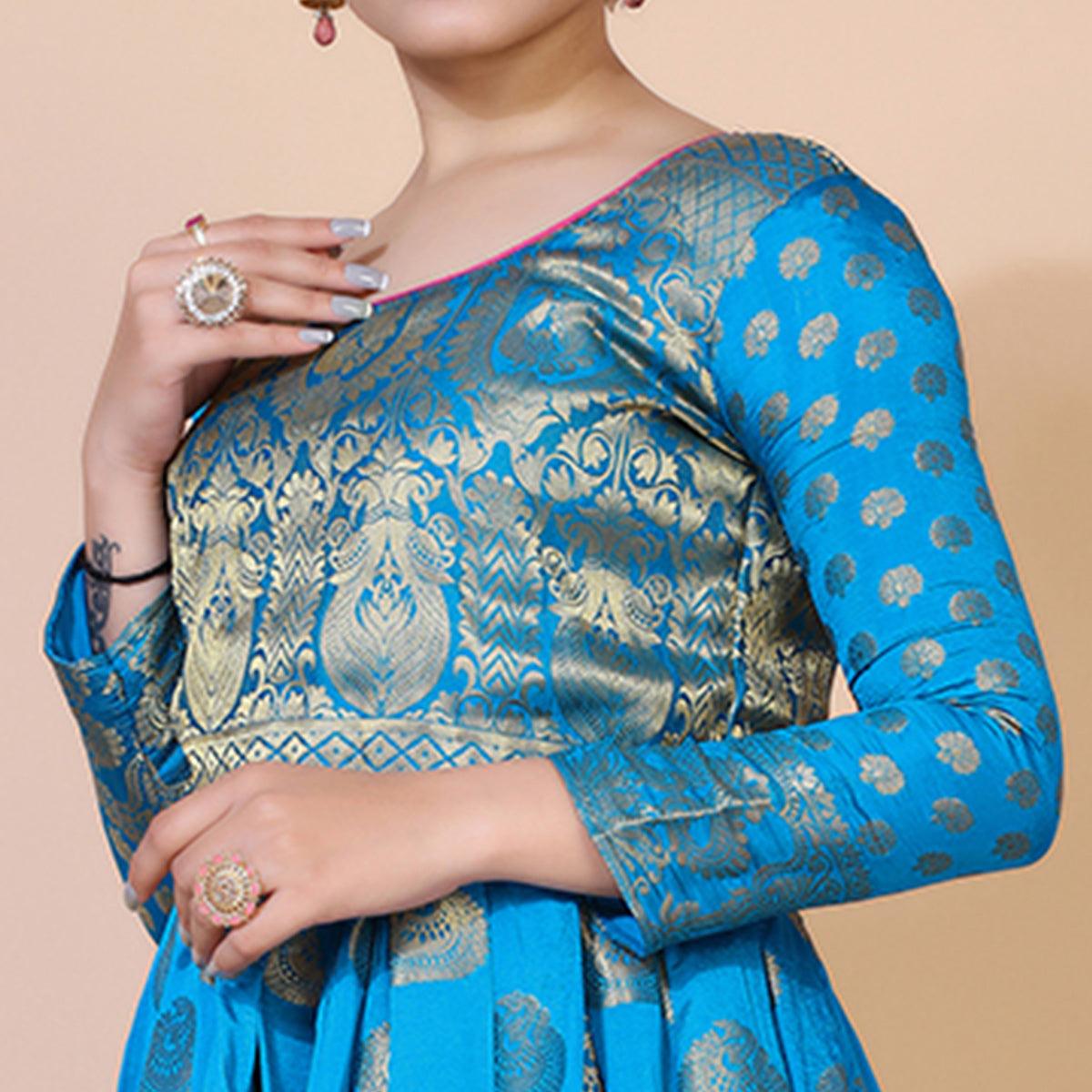 Peachmode Seller Blue Woven Jacquard Anarkali Style Gown - view 2