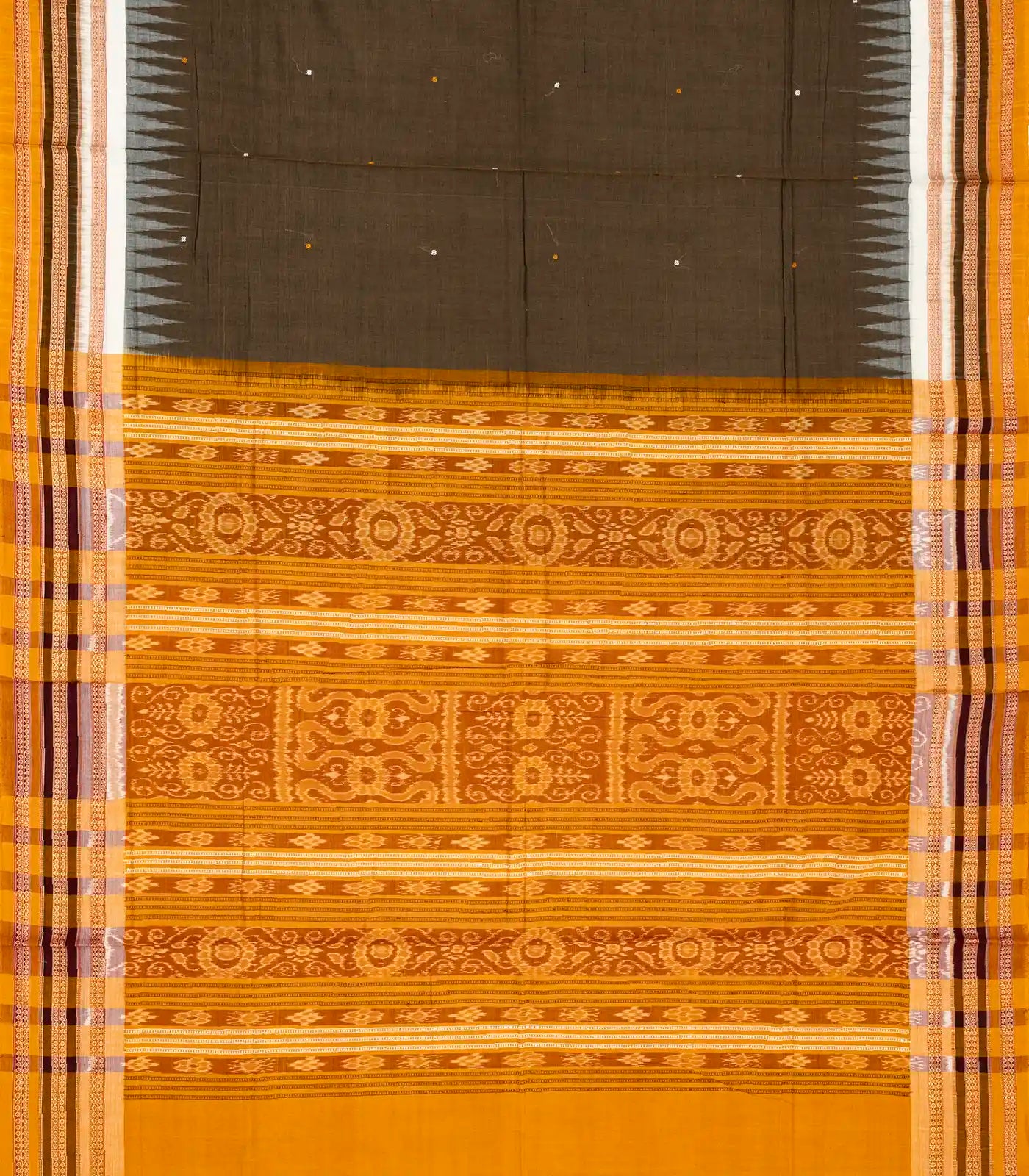 RmKV Dark Grey Handloom Orissa Cotton Saree With Mustard Tie & Dye Motifs - view 2