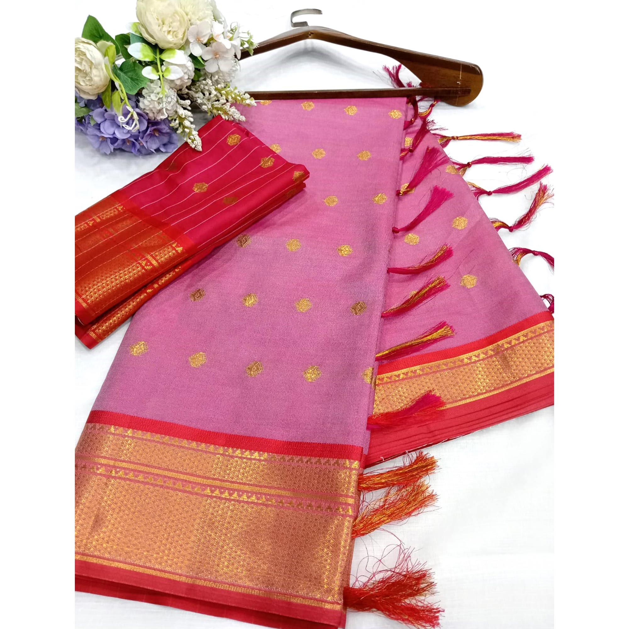 Peachmode Pink Zari Woven Lichi Art Silk Saree With Tassels - view 6