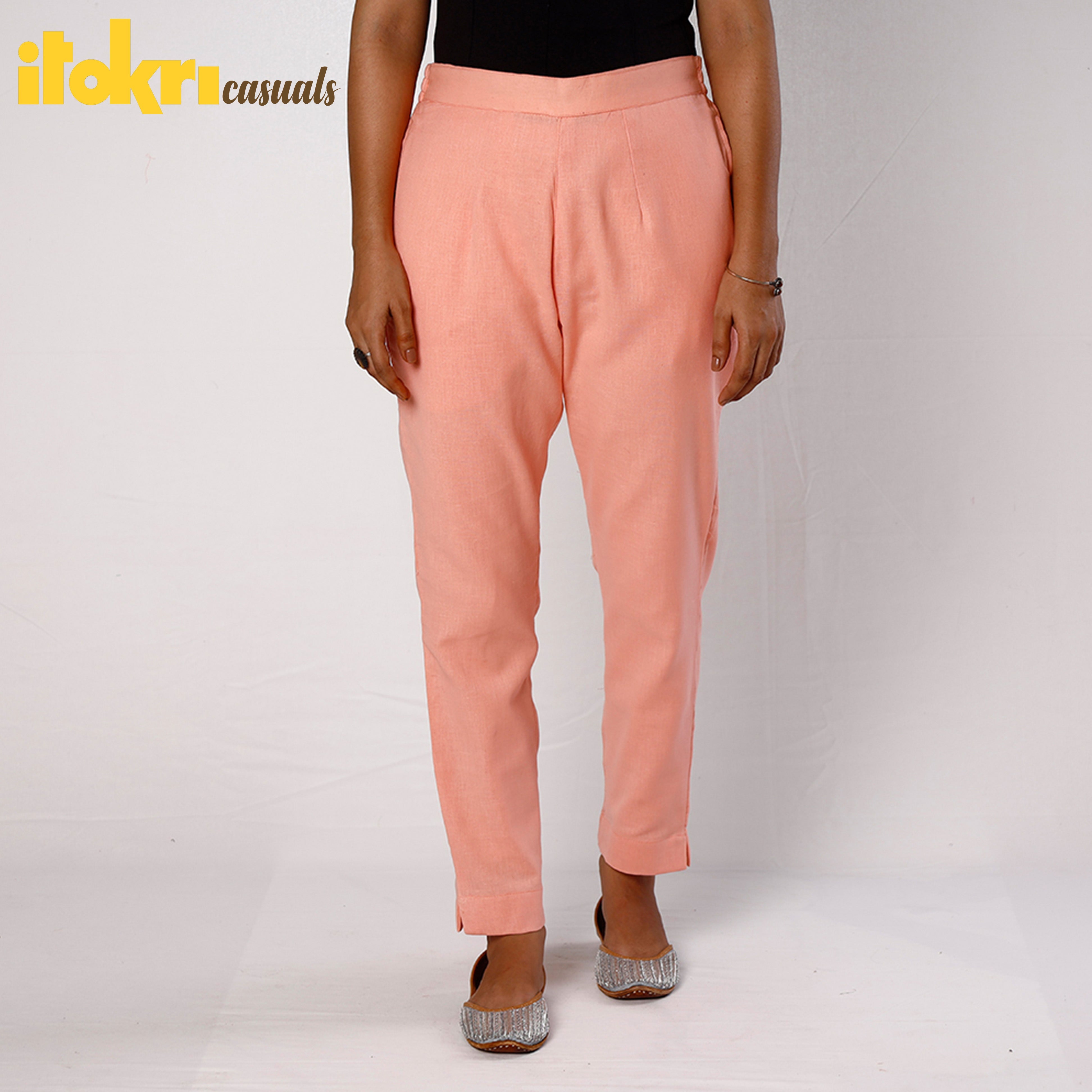 ITOKRI CASUALS Baby Pink Flex Cotton Tapered Casual Pant for Women