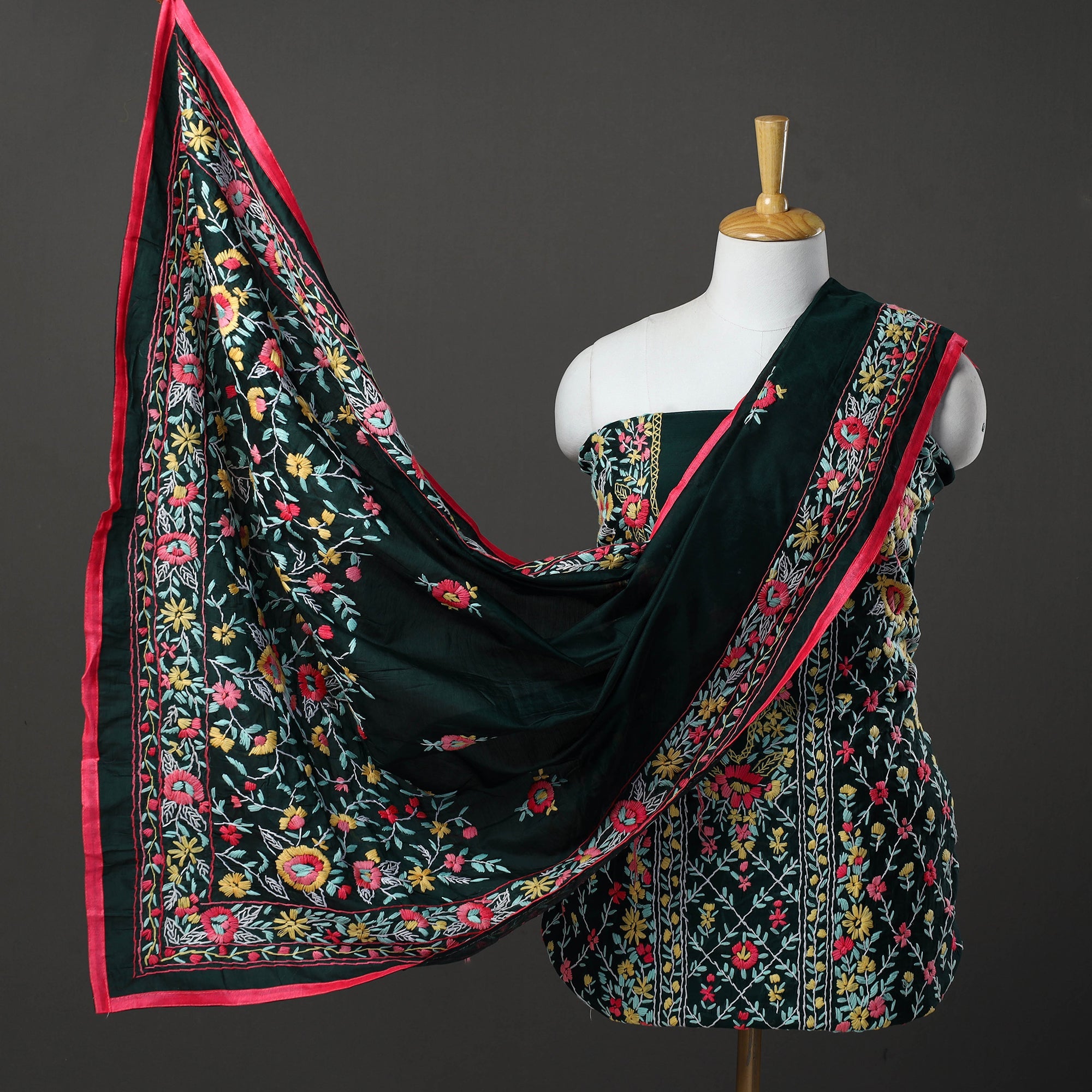 ITOKRI CRAFTS INITIATIVE Black - 3pc Hand Embroidery Chanderi Silk Phulkari Dress Material 105