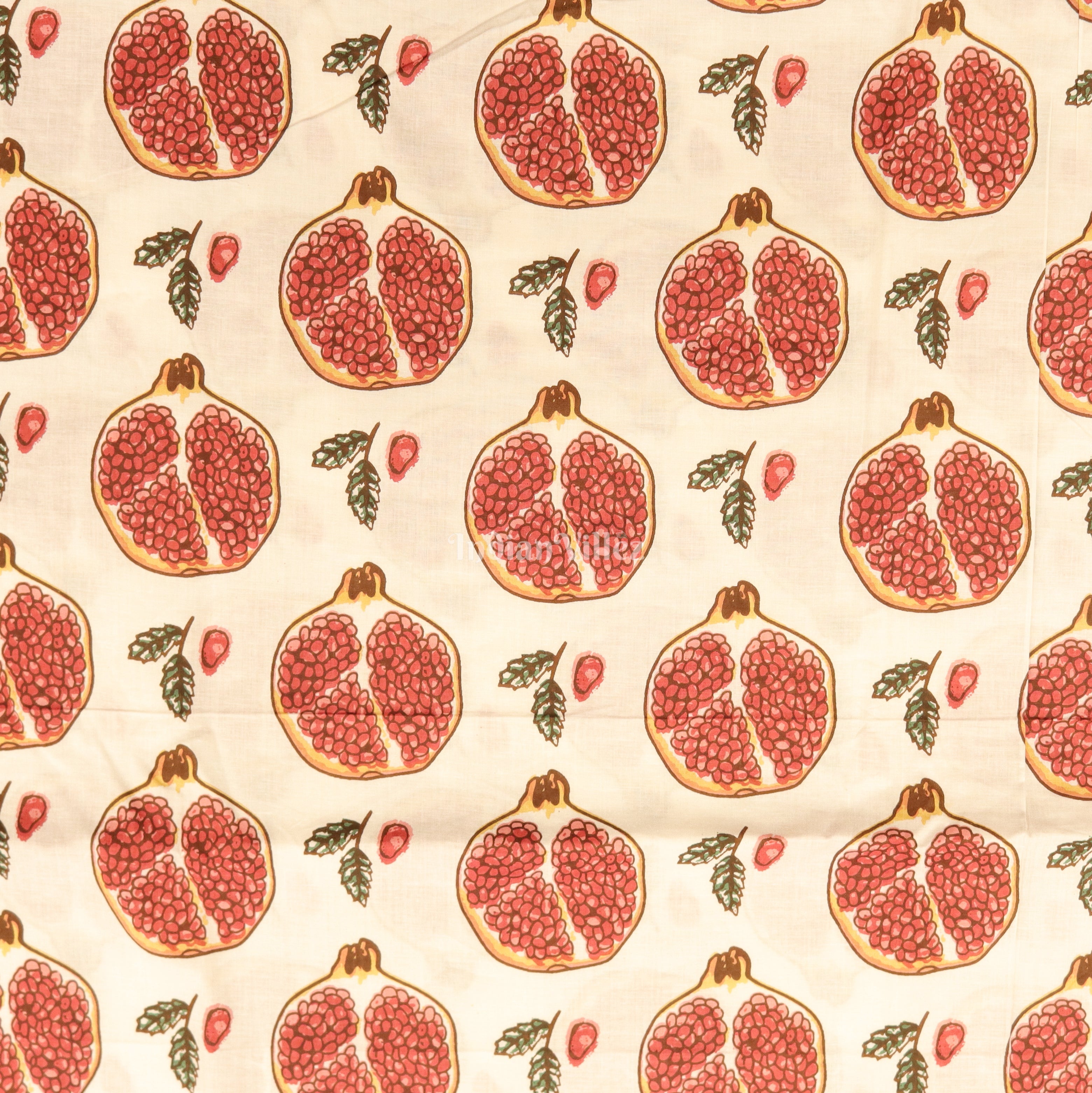IndianVillèz White Red Pomegranate Theme Hand Block Printed Cotton Fabric - view 2