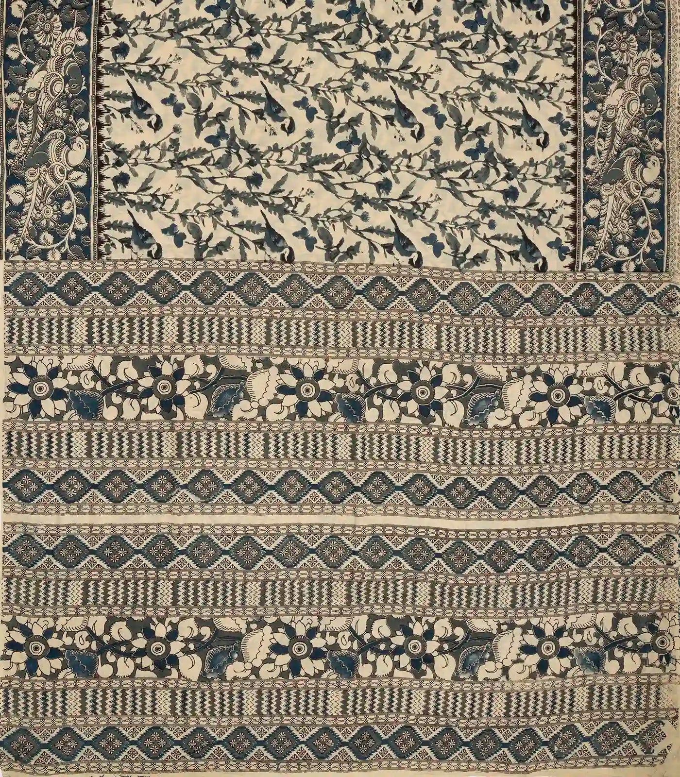 RmKV Cream Cotton Saree With Blue Kalamkari Print - view 2