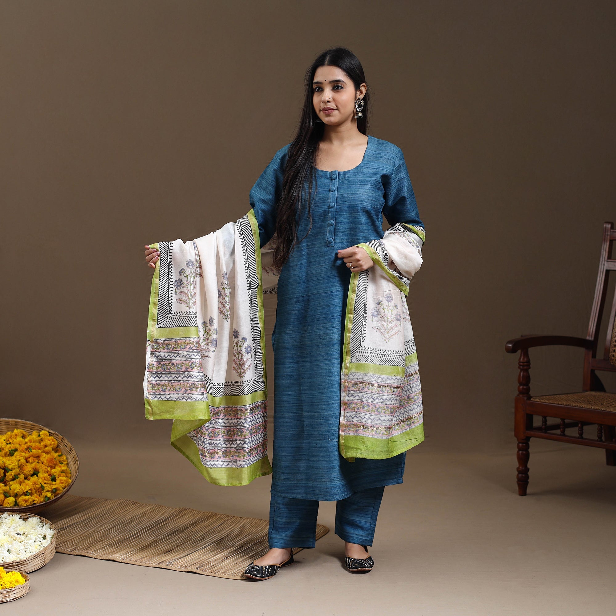 ITOKRI CASUALS Blue - Bhagalpuri Handloom Desi Tussar Silk Kurta Set 18 - view 2
