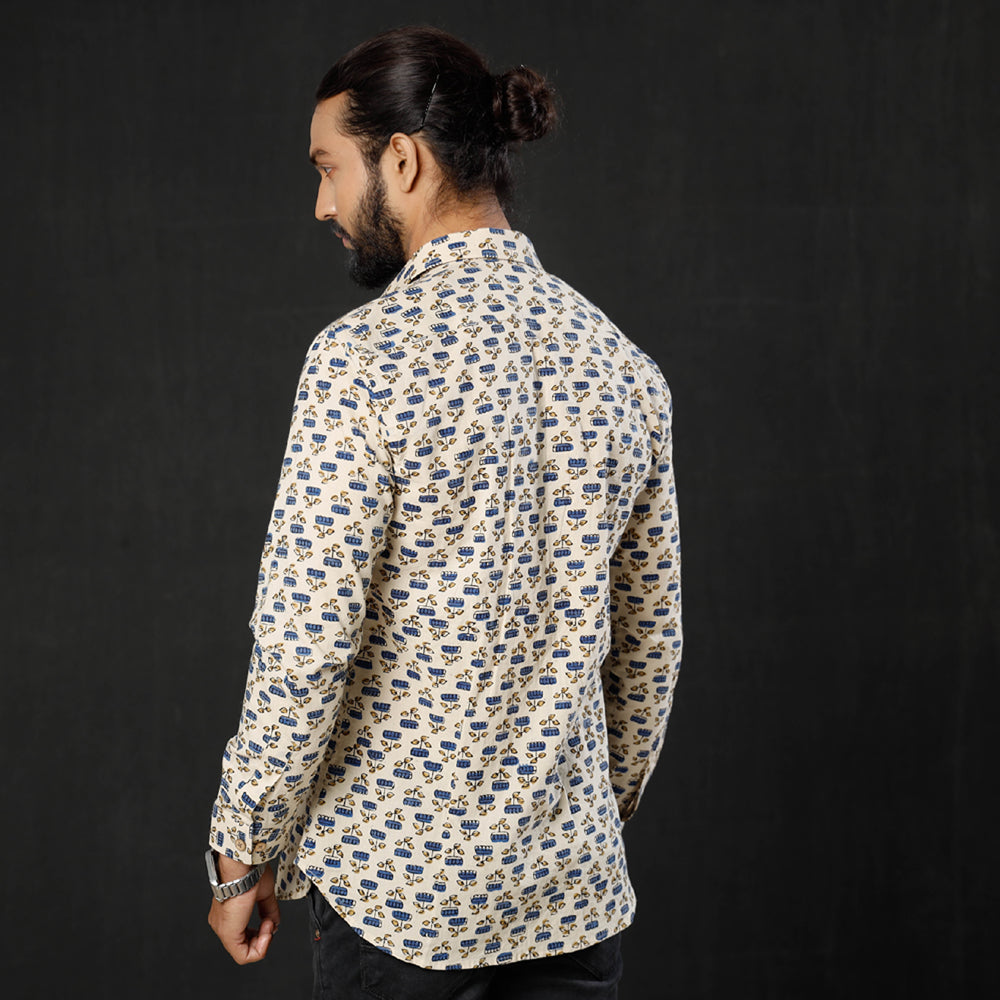 ITOKRI CASUALS Beige - Lotus Ajrakh Block Printed Cotton Men Full Sleeve Shirt - view 5