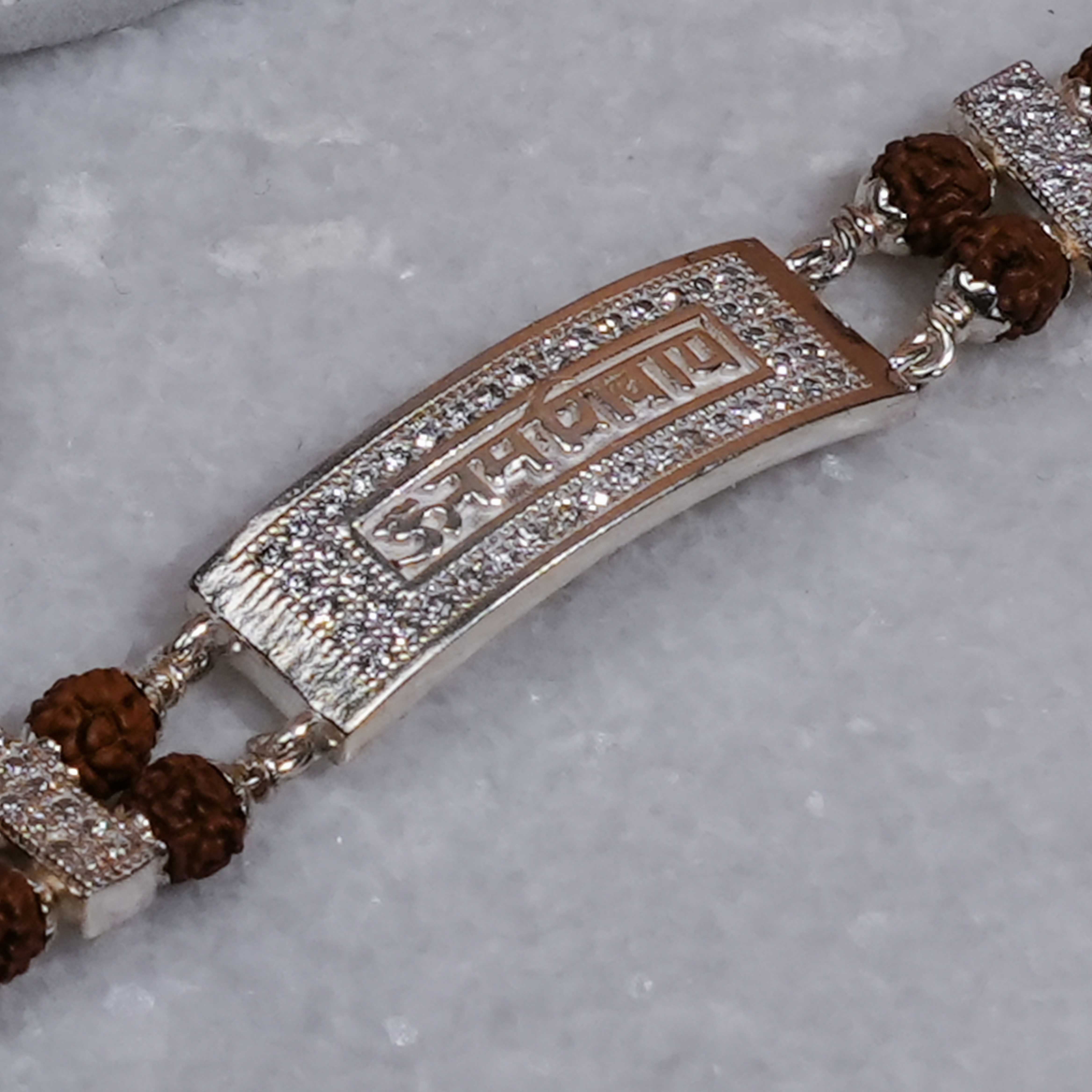 Prinjal Jewellers Rudraksha Silver Bracelet with Om Namah Shivaay in Rectangular Sphere Double Line for Men