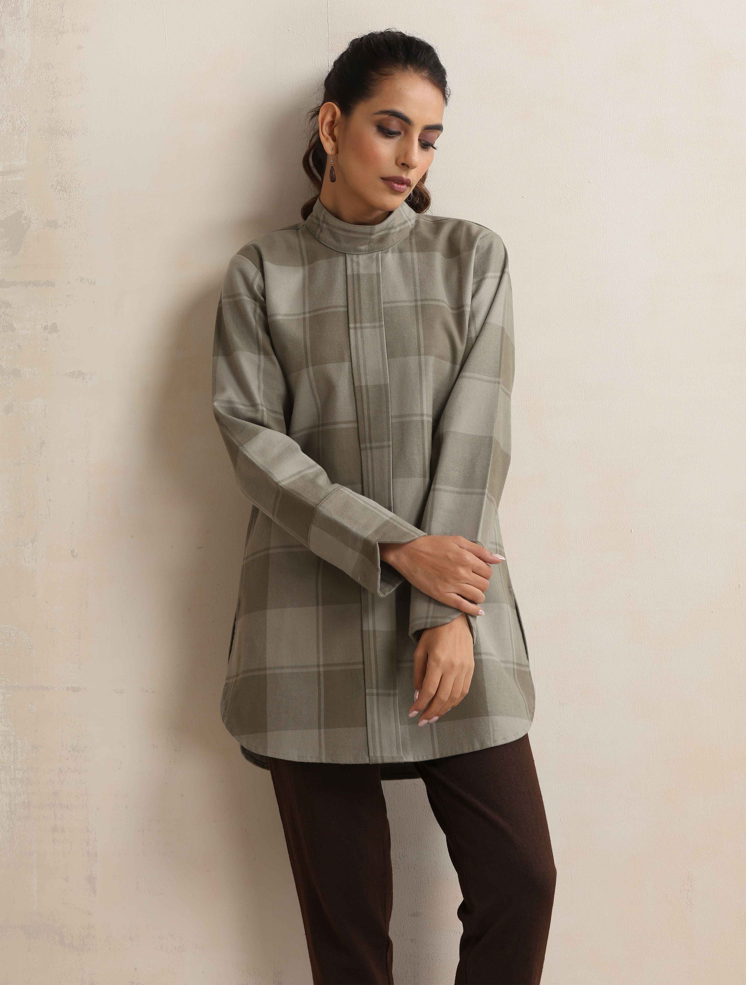 trueBrowns Green Check High Neck Short Kurta