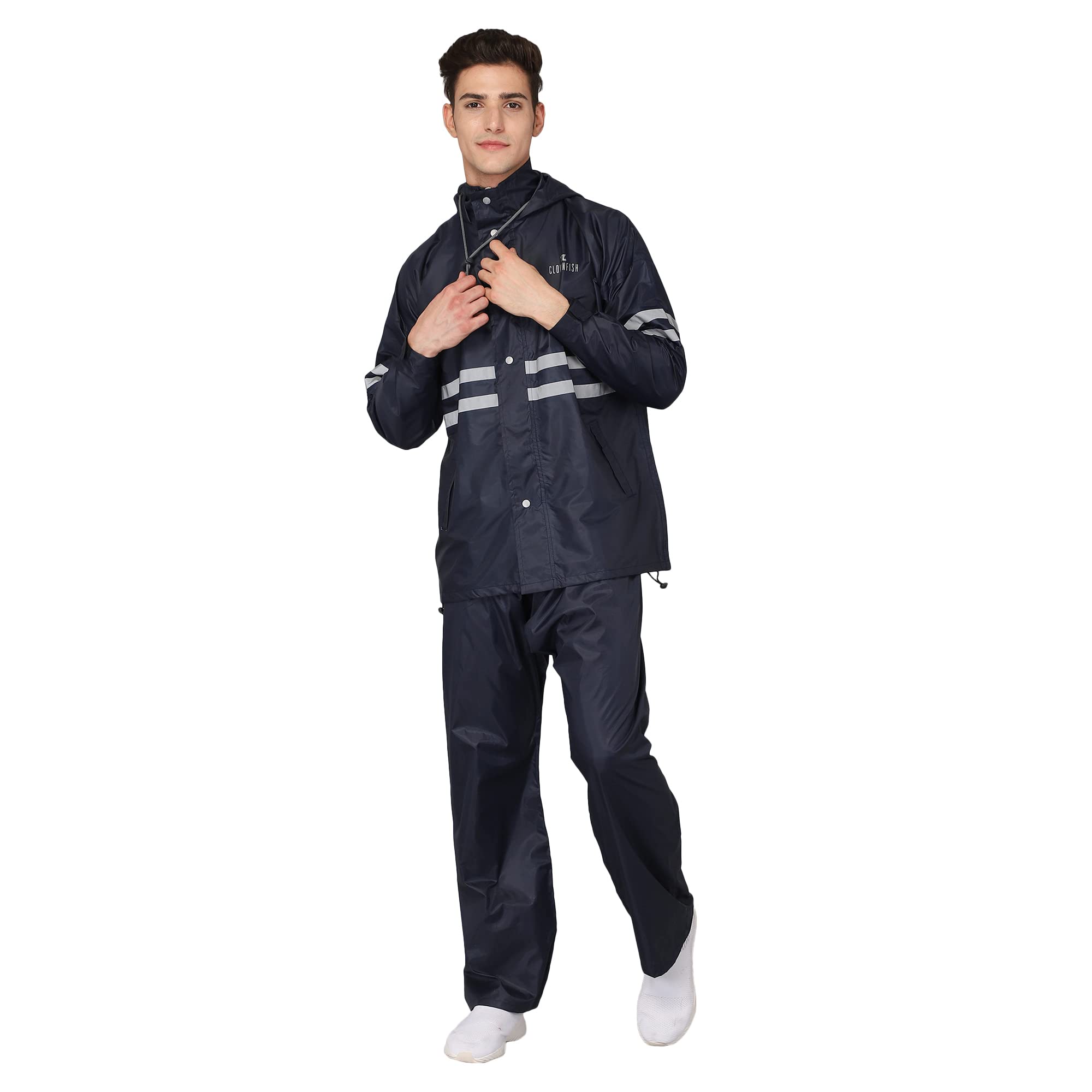 THE CLOWNFISH Darius Series Men's Waterproof Polyester Raincoat with Hood and Reflector Logo at Back for Night Travelling. Set of Top and Bottom. Prin