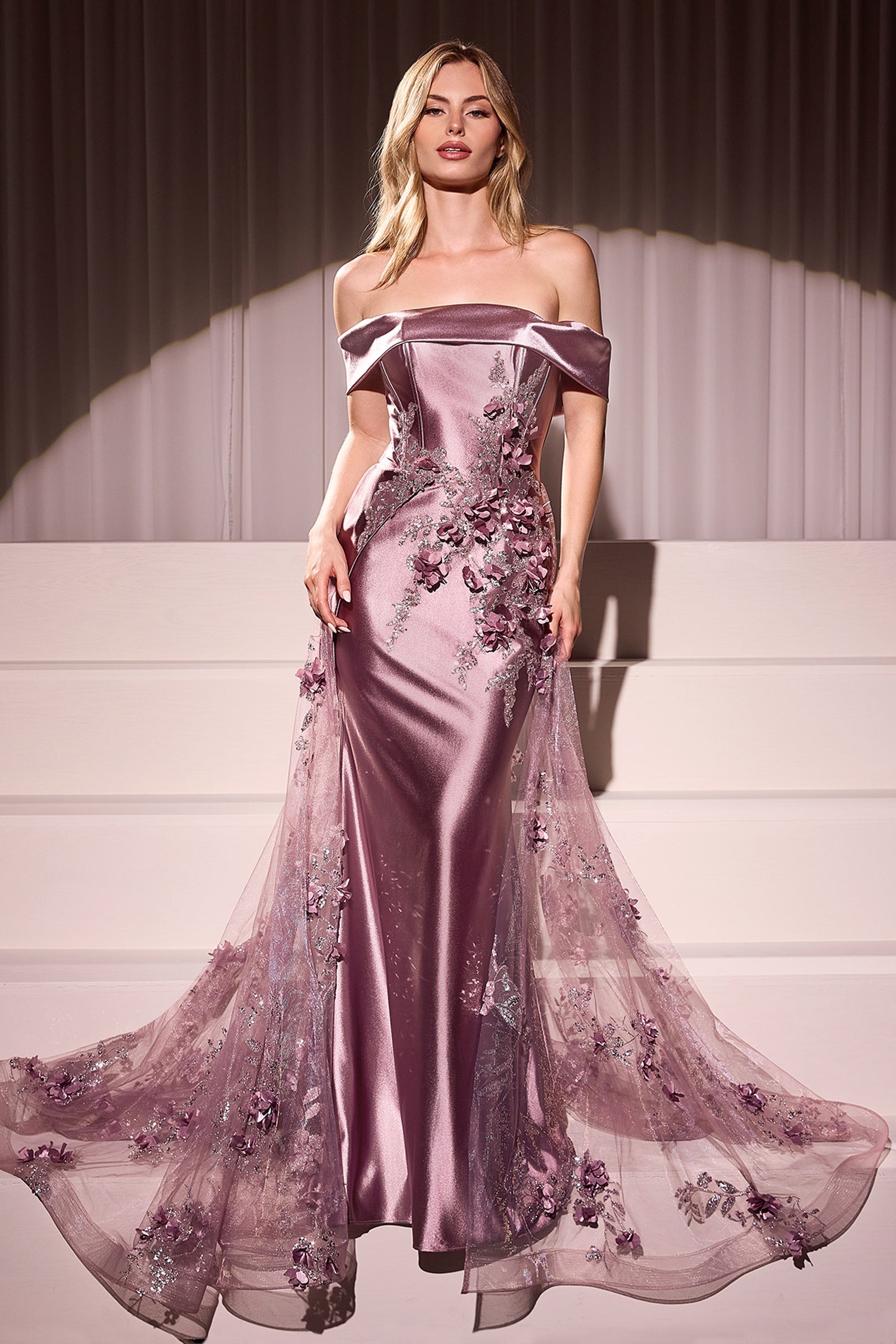 Cinderella Divine Satin Off Shoulder Tulle Overskirt Gown by Ladivine J876 - view 2