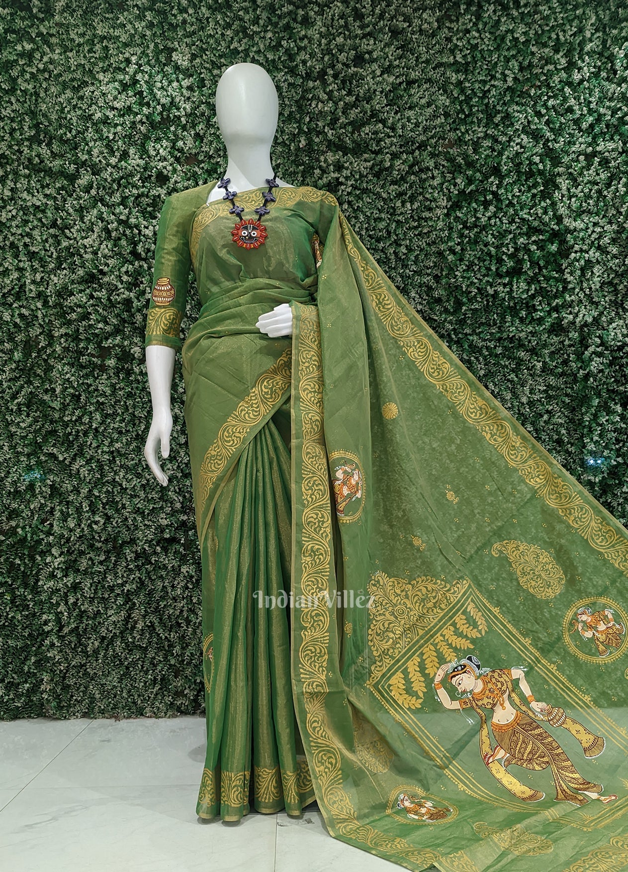 IndianVillèz Green Nartaki Theme Hand- Painted Pattachitra Saree
