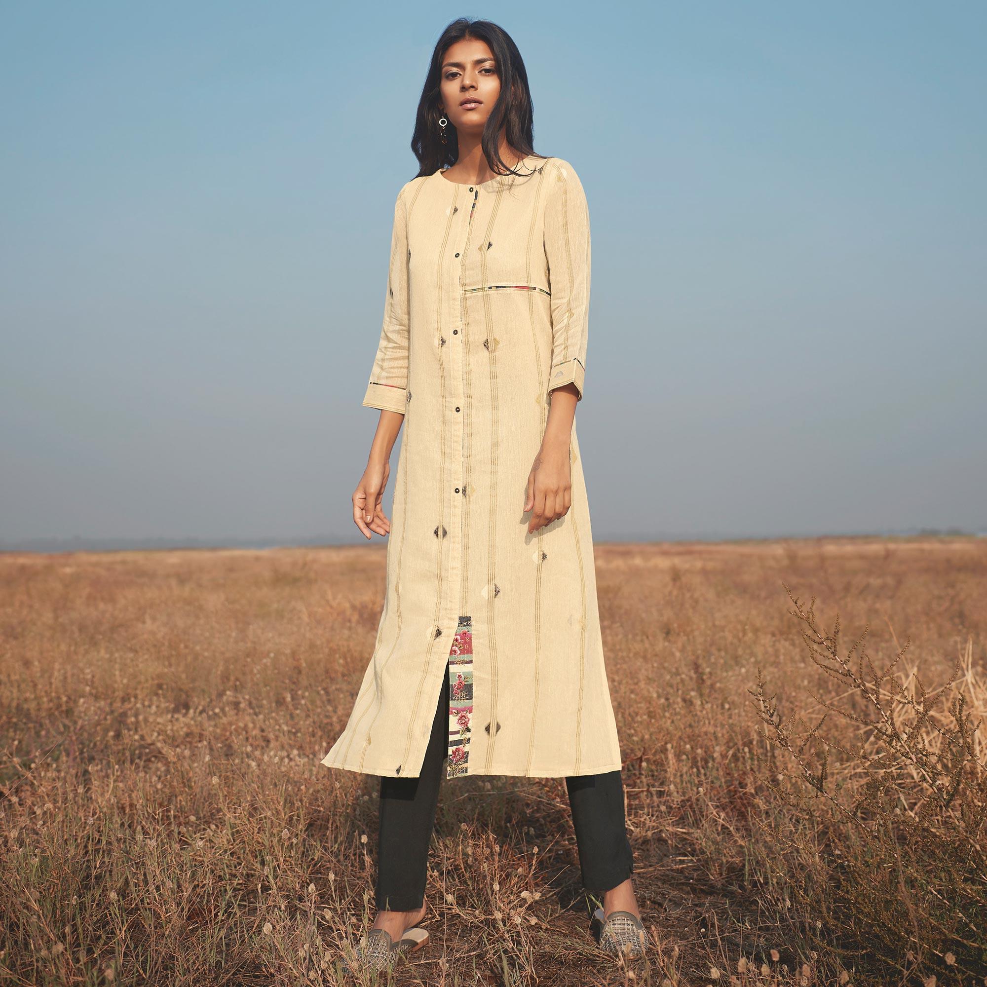 Peachmode Seller Eye-catching Beige Colored Party Wear Handwork Handloom Cotton Kurti-Pant Set