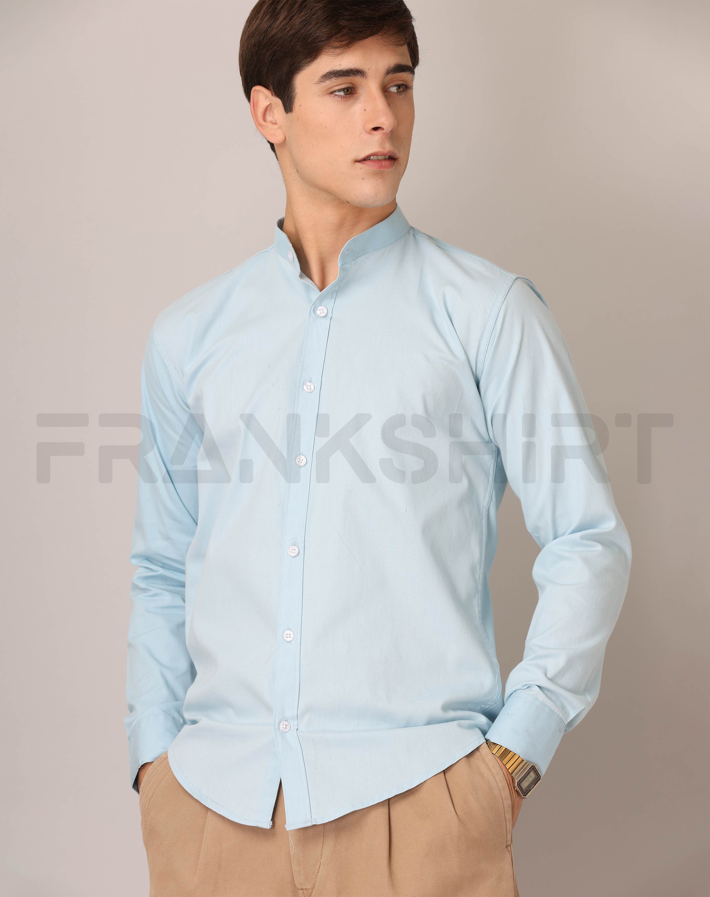 BlackTree Frankshirt Chinese Collar Light Blue Tailored Fit Cotton Casual Shirt for Man