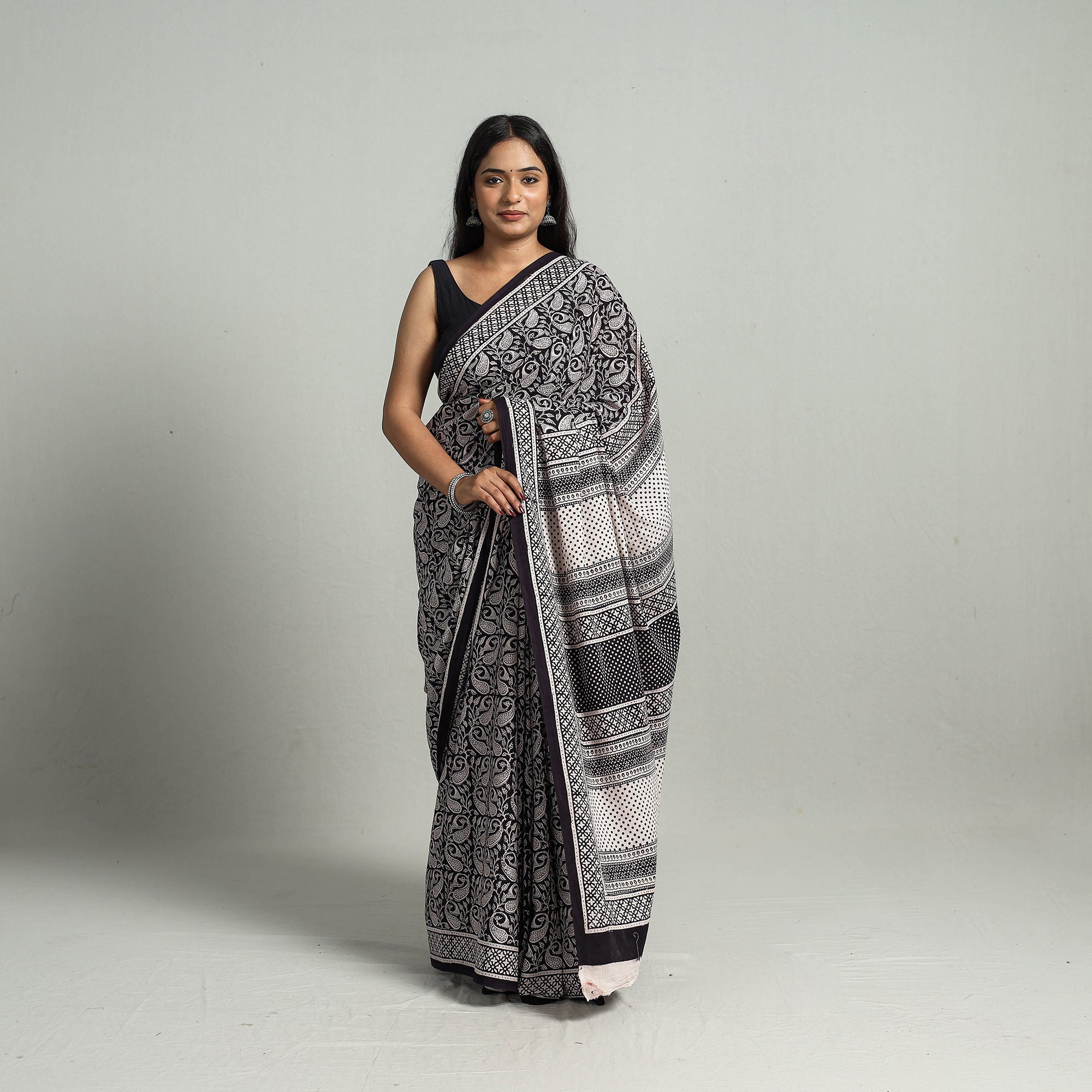 BAGH PRINTS BY MOHAMMED BILAL KHATRI Black - Natural Dyed Bagh Print Cotton Saree with Blouse Piece 28