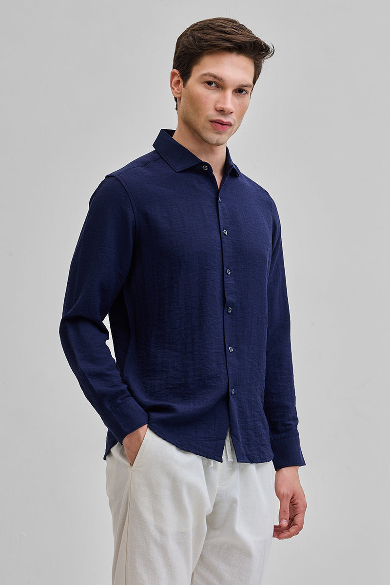 SNITCH Navy Textured Linen Blend Shirt - view 6