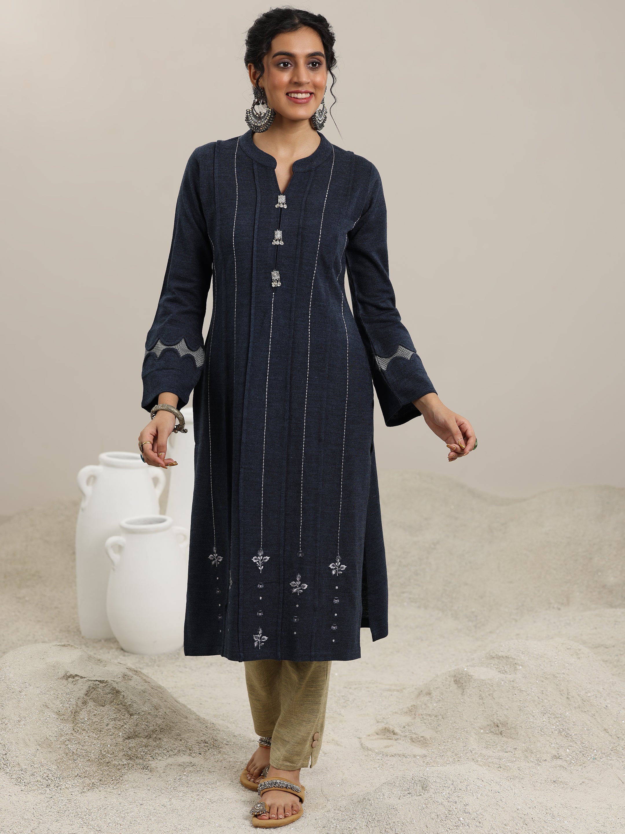 Libas Grey Embroidered Wool Straight Kurta