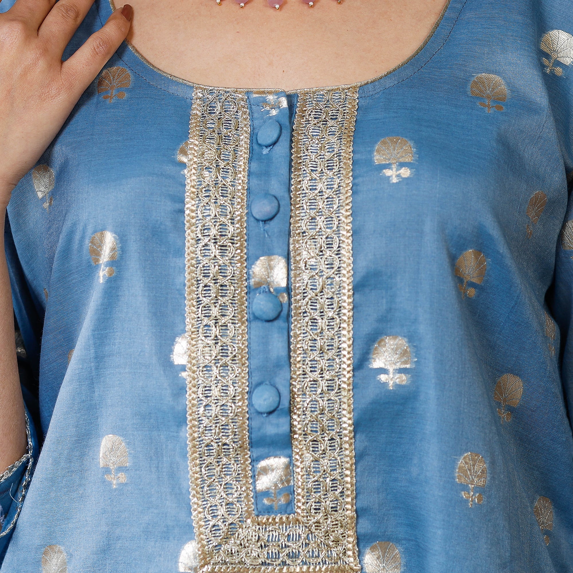 ITOKRI CASUALS Blue - Banarasi Silk Cotton Kurta with Palazzo & Dupatta Set - view 5