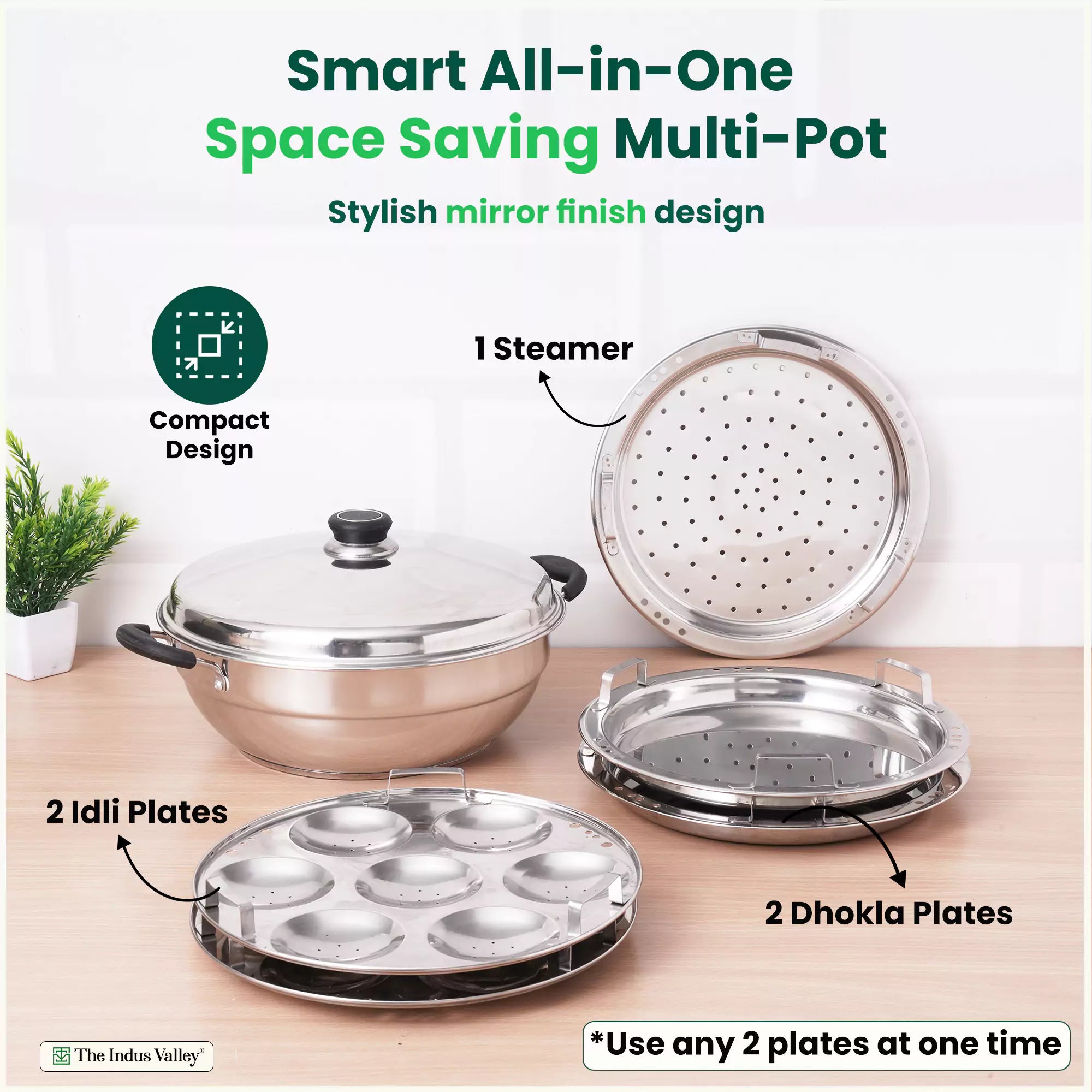 The Indus Valley Tri-Steel Premium Stainless Steel Idli/ Dhokla/ Momo Maker/ Multi Pot/ Veg Steaming Set, Tri-ply Induction Bottom, 7 pit, 5 Plates, 4 - view 9
