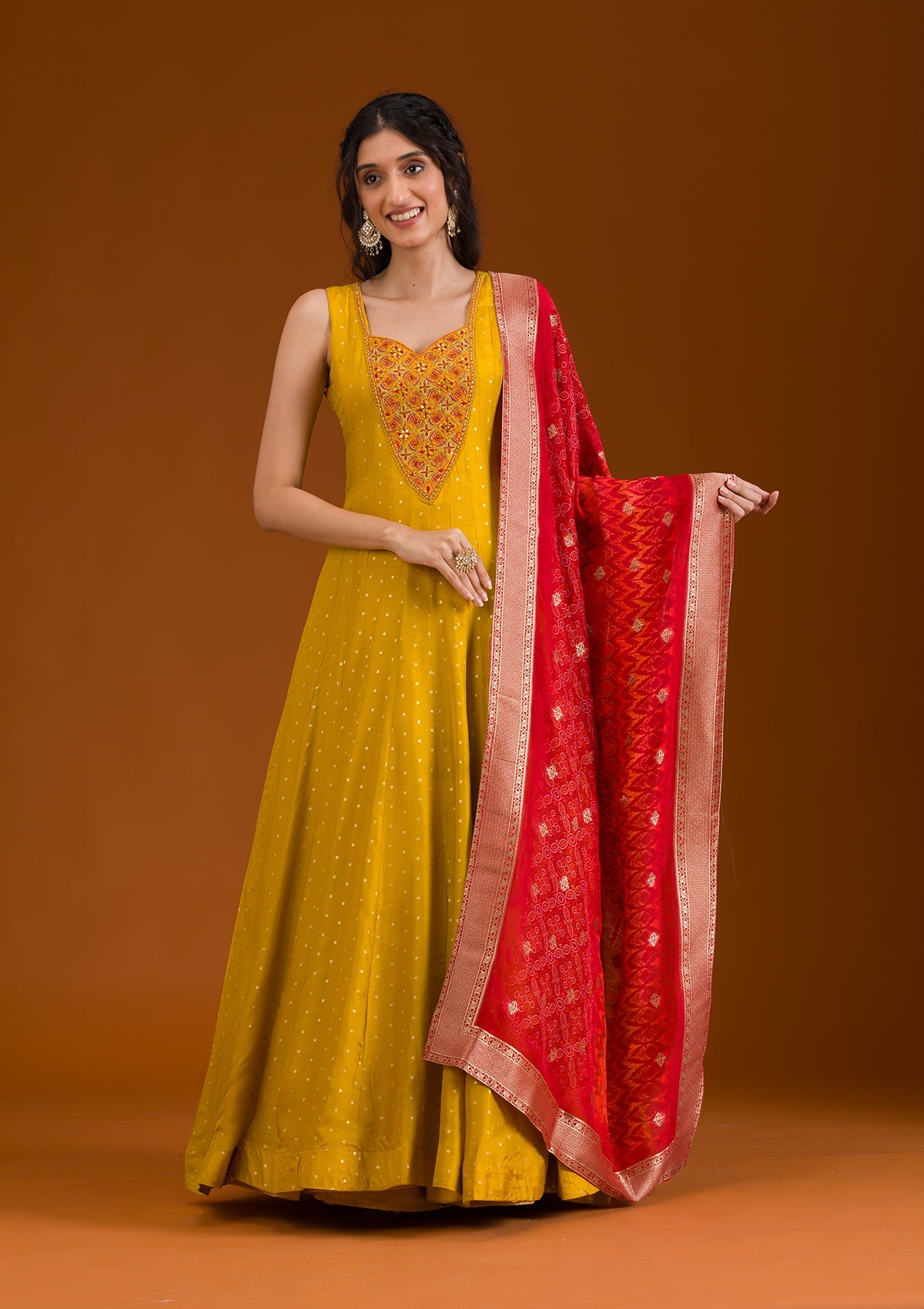 Koskii Mustard Threadwork Georgette Readymade Salwar Suit