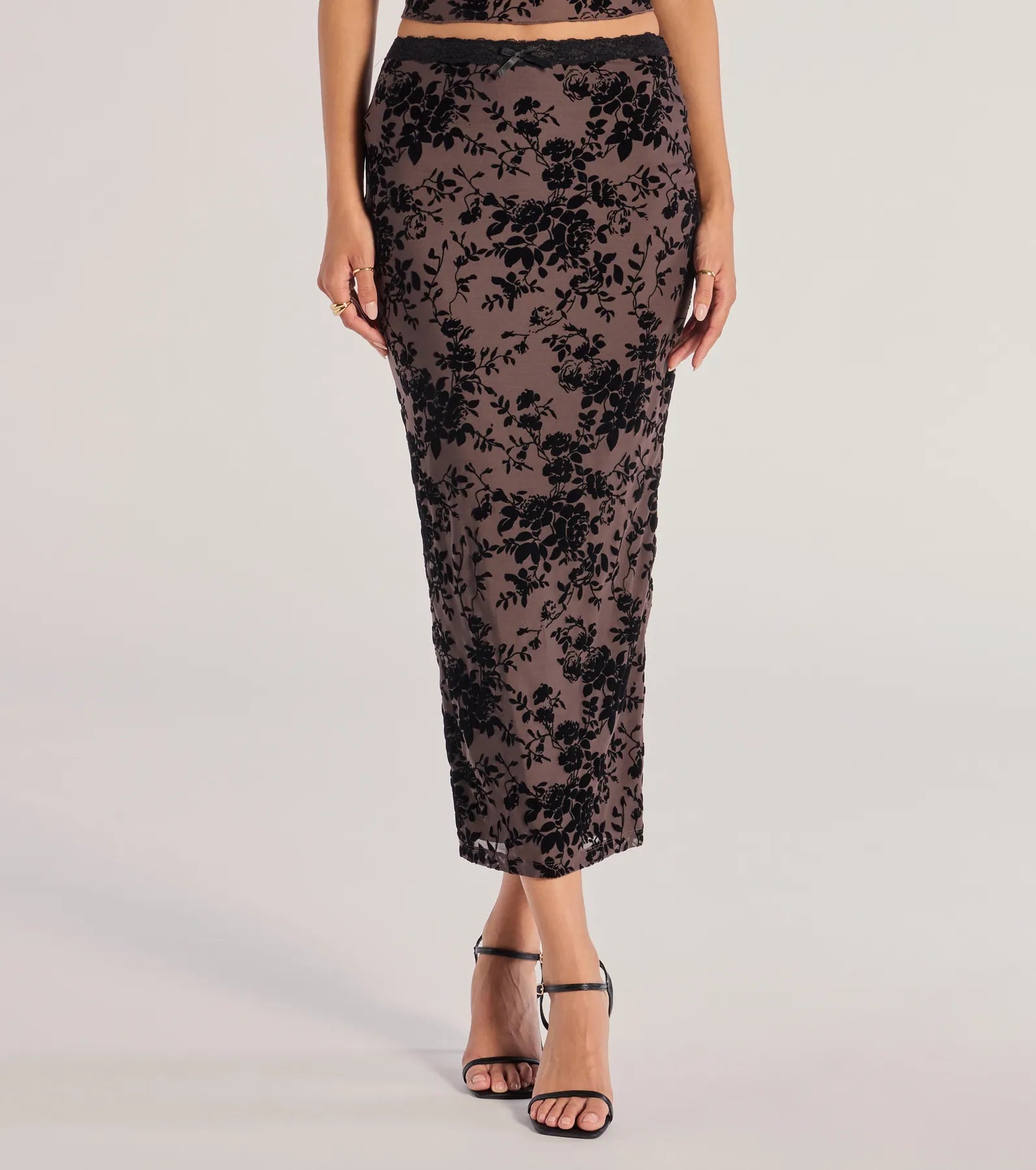 Windsor Luxe Touch Flocked Velvet Midi Skirt – BROWN - view 4