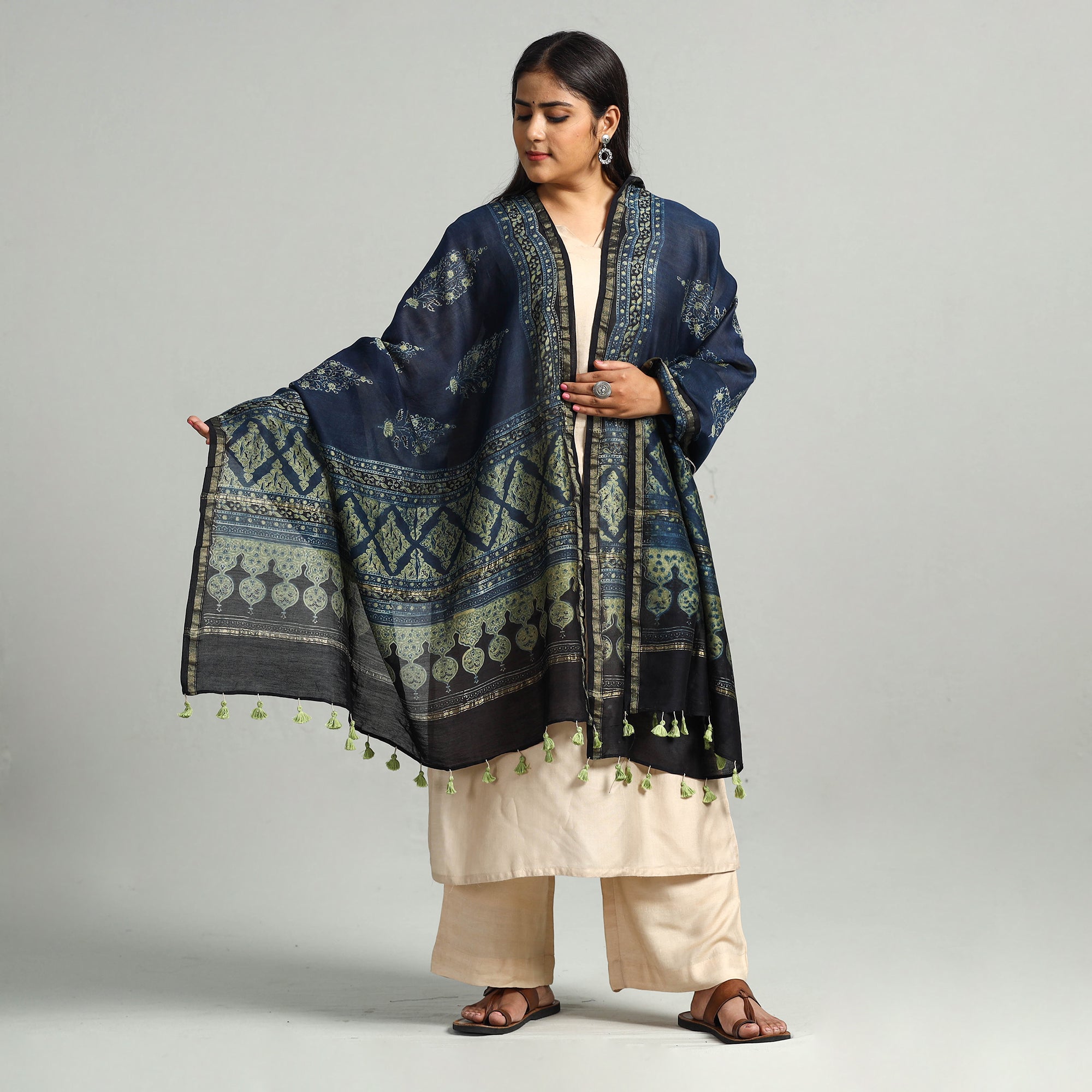 AJRAKH BY SUFIYAN ISMAIL KHATRI Blue - Block Printed Chanderi Silk Handloom Ajrakh Dupatta 09 - view 2
