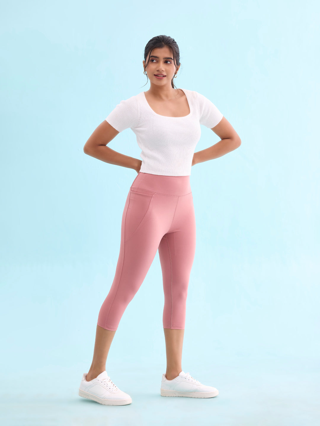 Go Colors Women Solid Dusty Pink High Rise Training Capri - view 2