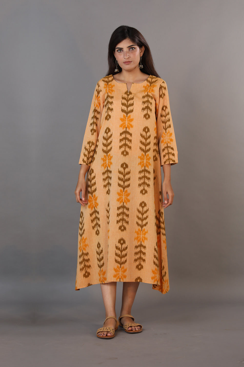 Kalanjali Ethnics Honey beige hand woven cotton Ikat kurti