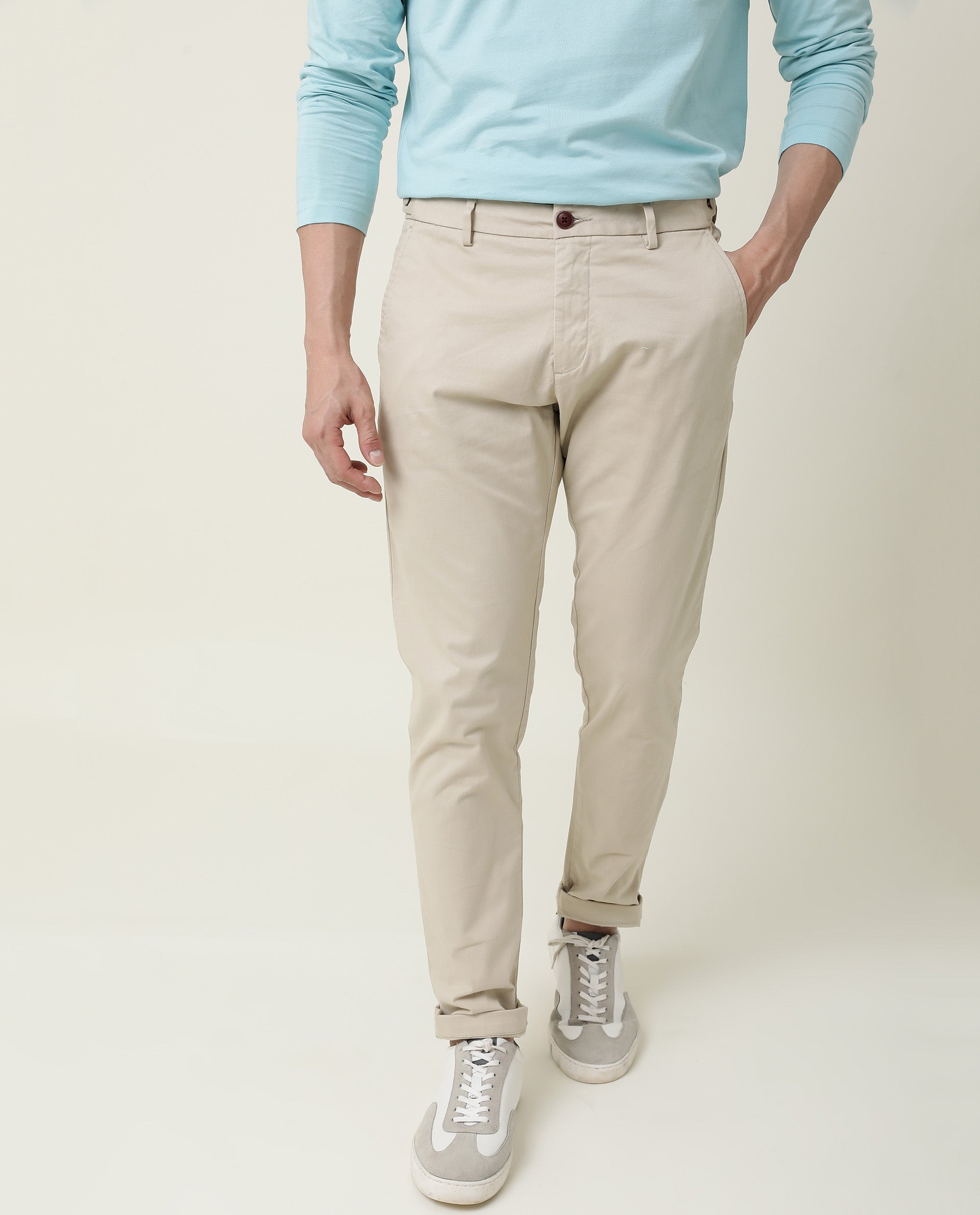 Rare Rabbit Men's Trews-1 Beige Solid Mid-Rise Regular Fit Trouser