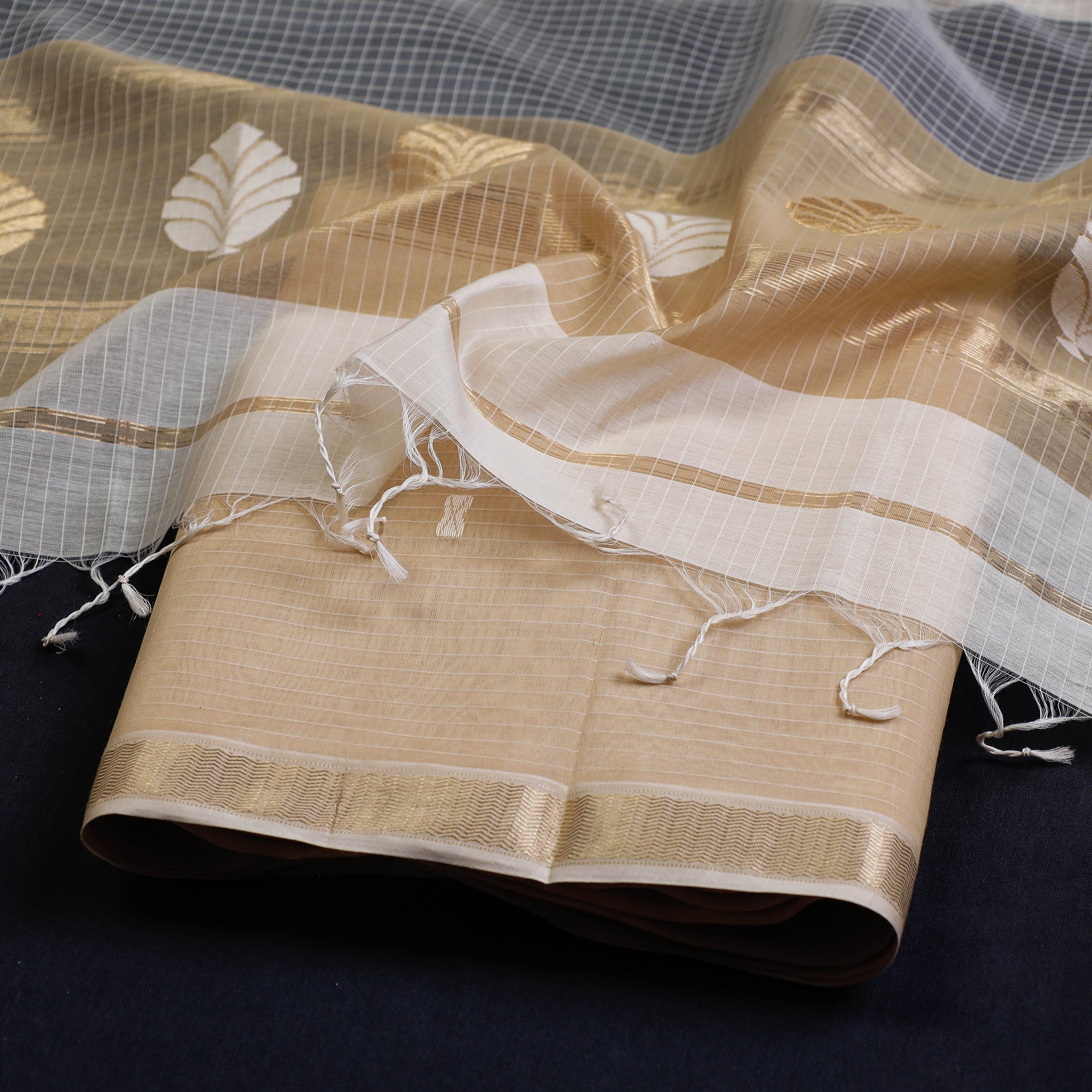 CHANDERI BY RAUPH KHAN Beige - 3pc Chanderi Silk Handloom Thread & Zari Buti Suit Material Set - view 2