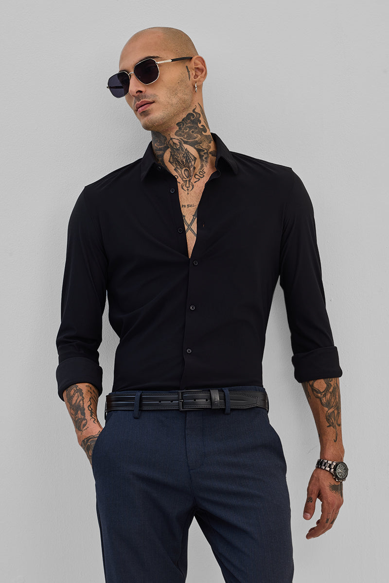 SNITCH Black Stretchable Slim Fit Shirt