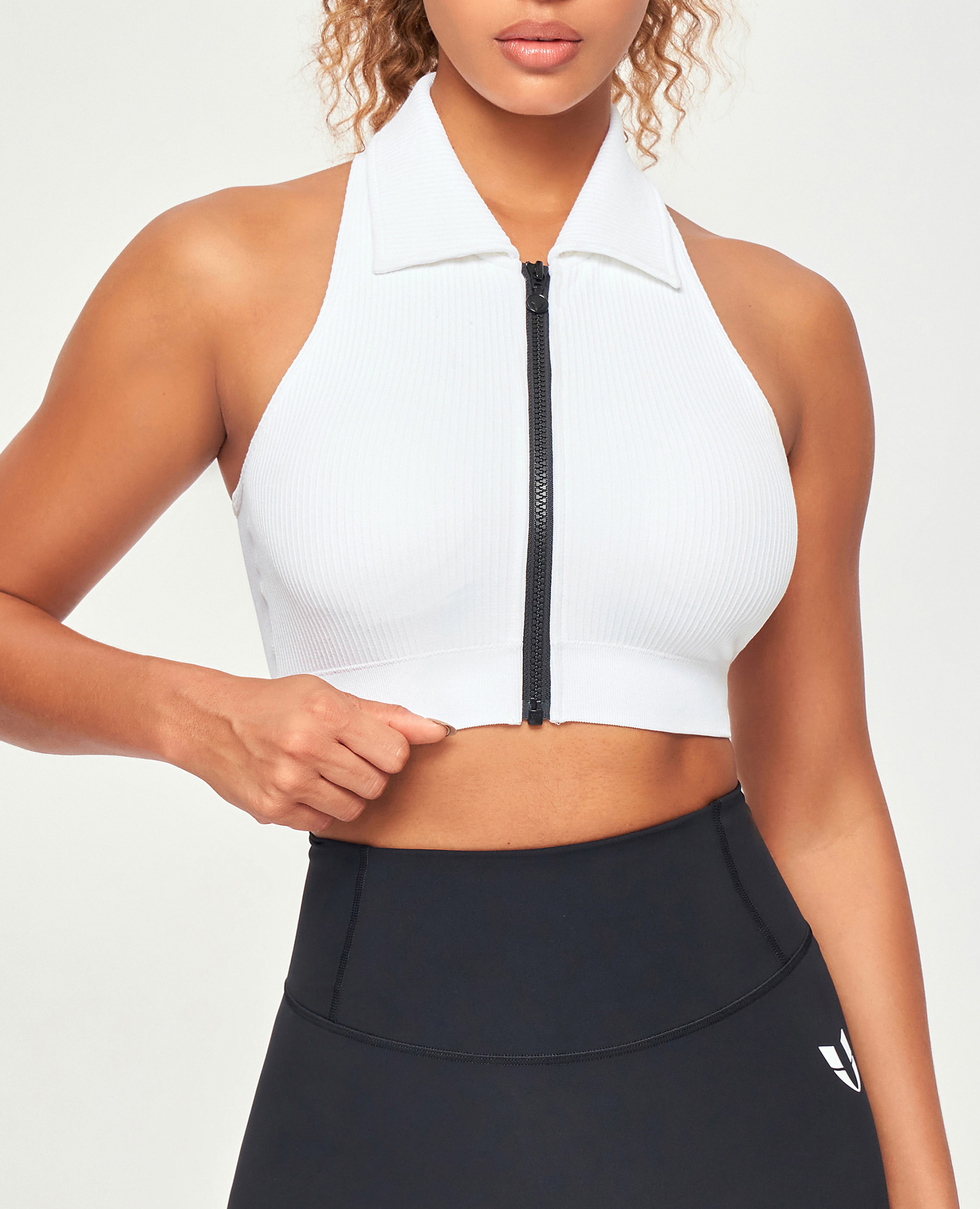FIRM ABS Ribbed Full Zip Padded Tank Top - White