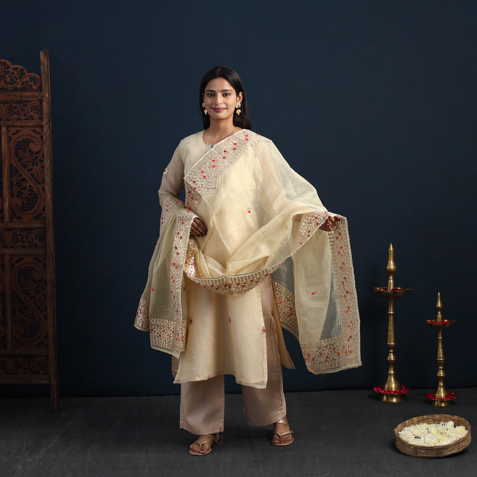ITOKRI CASUALS Beige - Elegant Gota Work Silk Kota Doria Kurta Set 10 - view 2