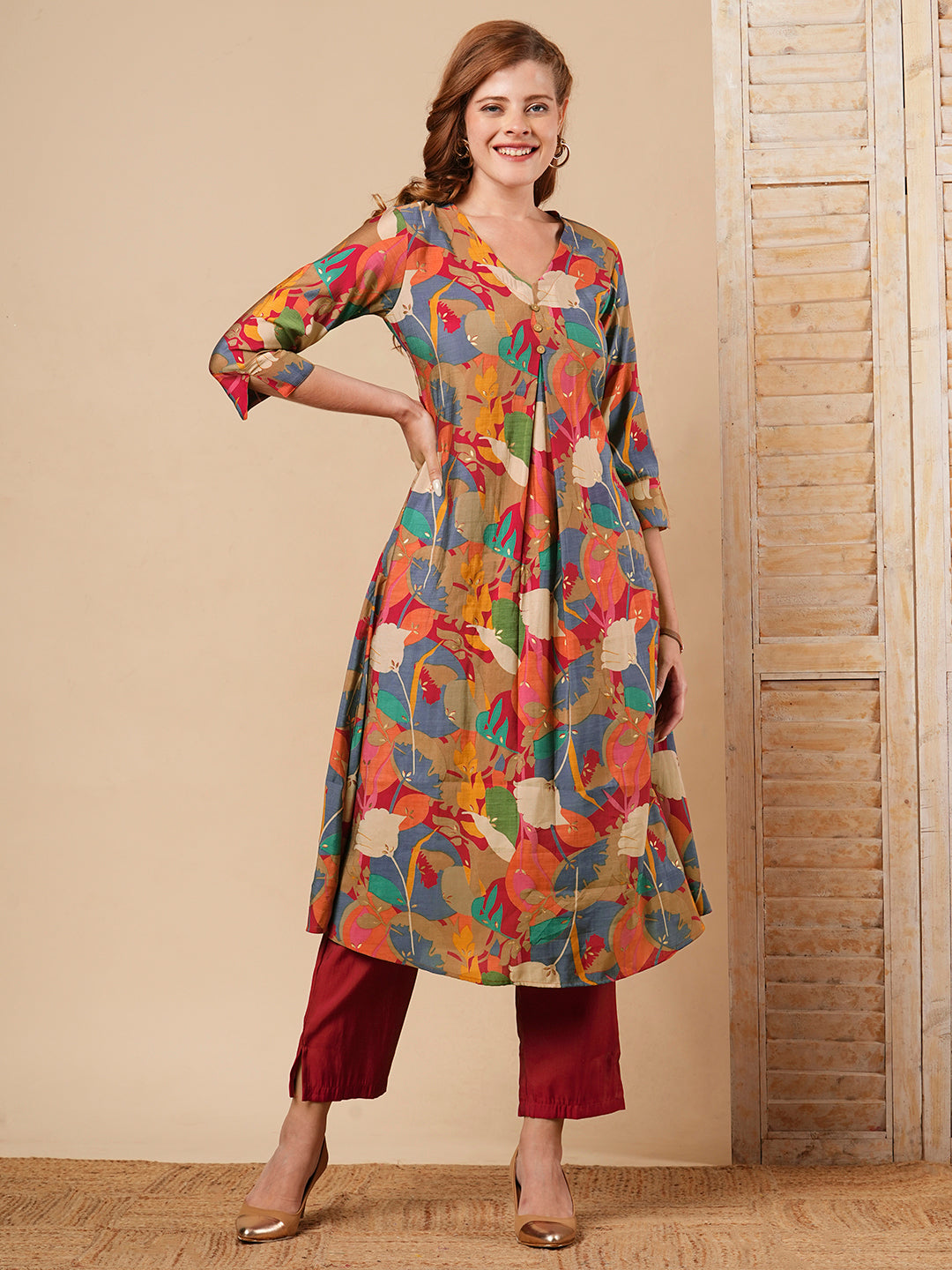 FASHOR Abstract Floral Foil Printed A-Line Kurta with Pant - Multi - view 3