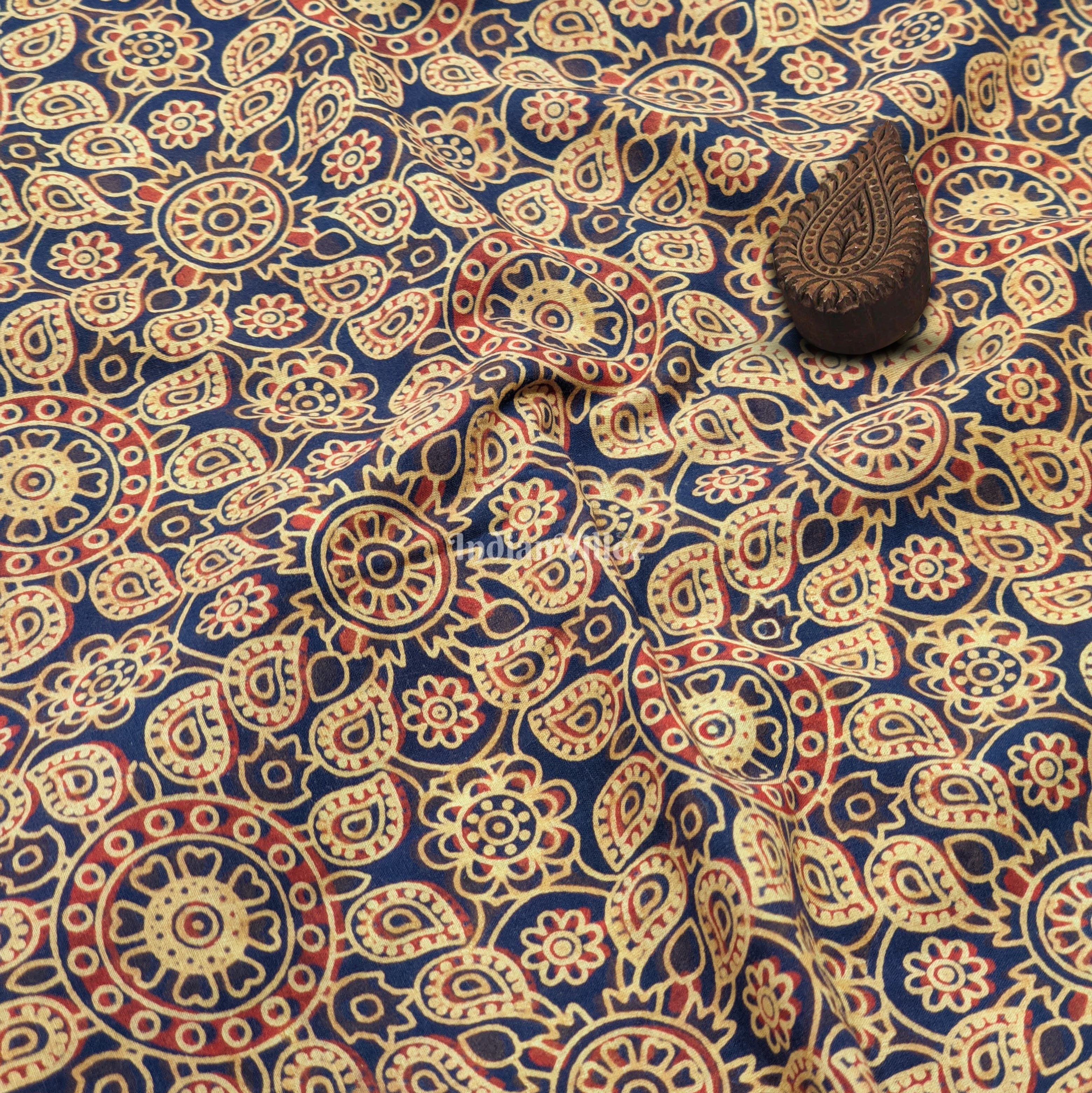 IndianVillèz Blue Multicolored Floral Hand Block Printed Cotton Fabric