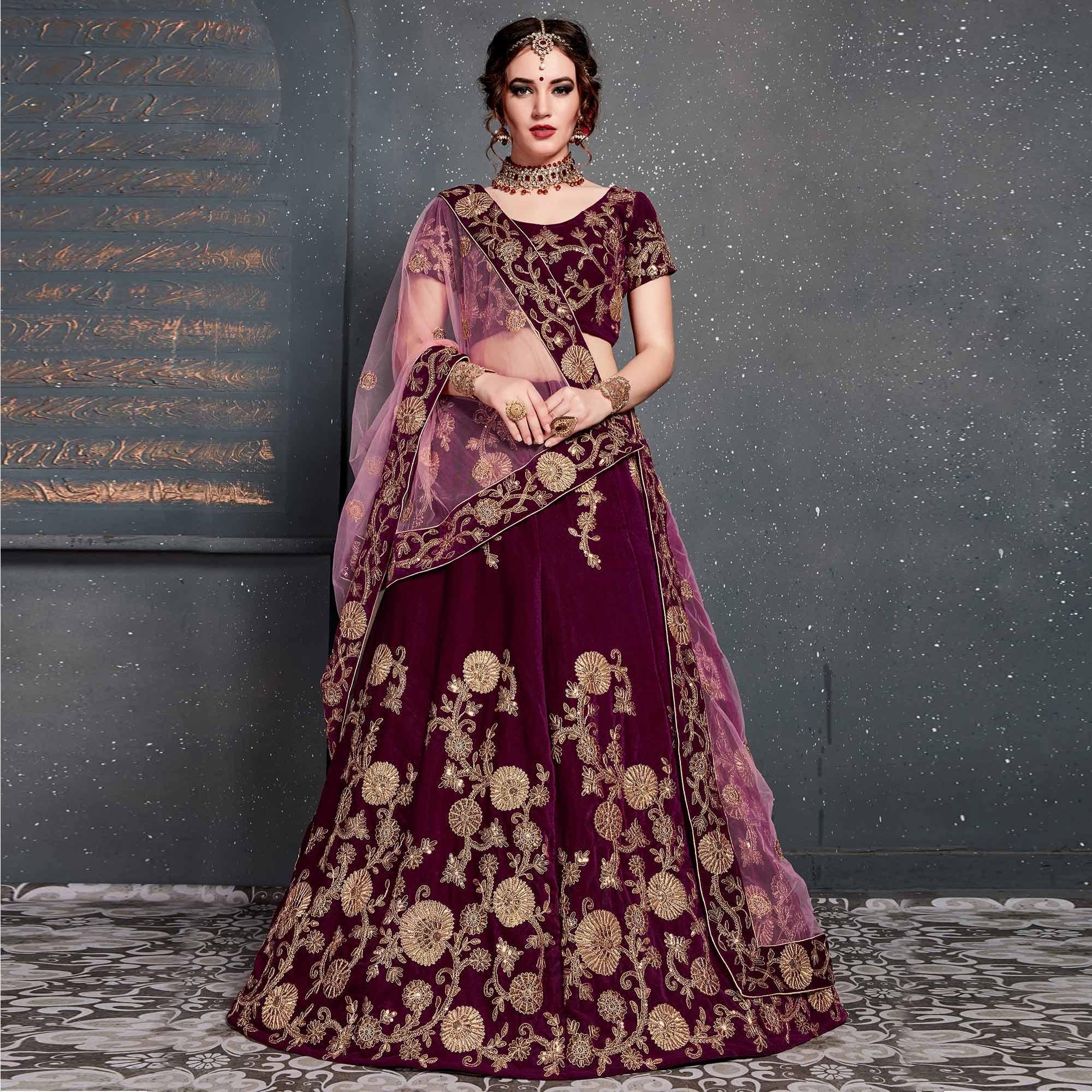 Peachmode Eye-catching Purple Colored Wedding Wear Embroidered Velvet Lehenga Choli