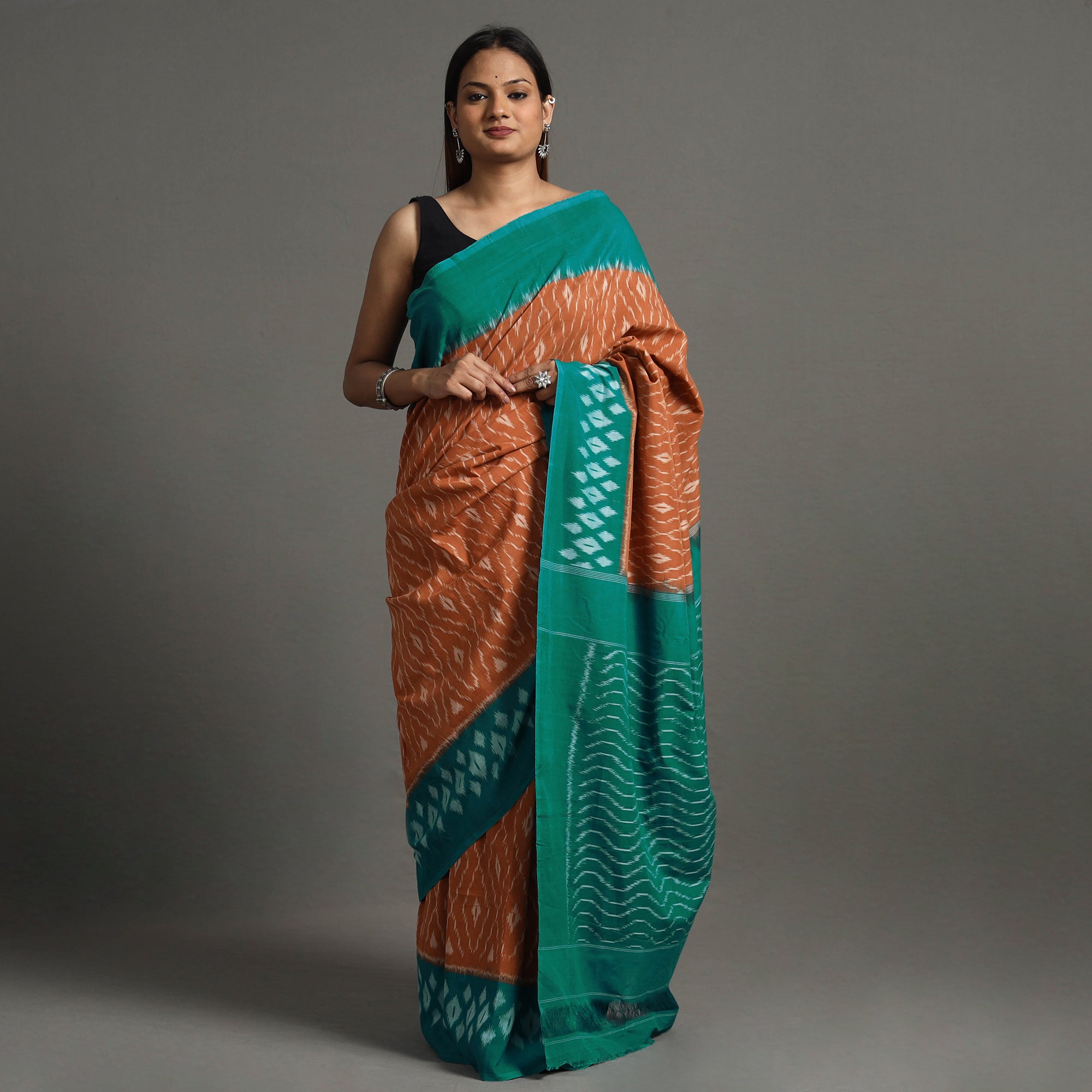 IKAT WEAVES BY EDEM CHANDANA Brown - Pochampally Ikat Weave Handloom Cotton Saree