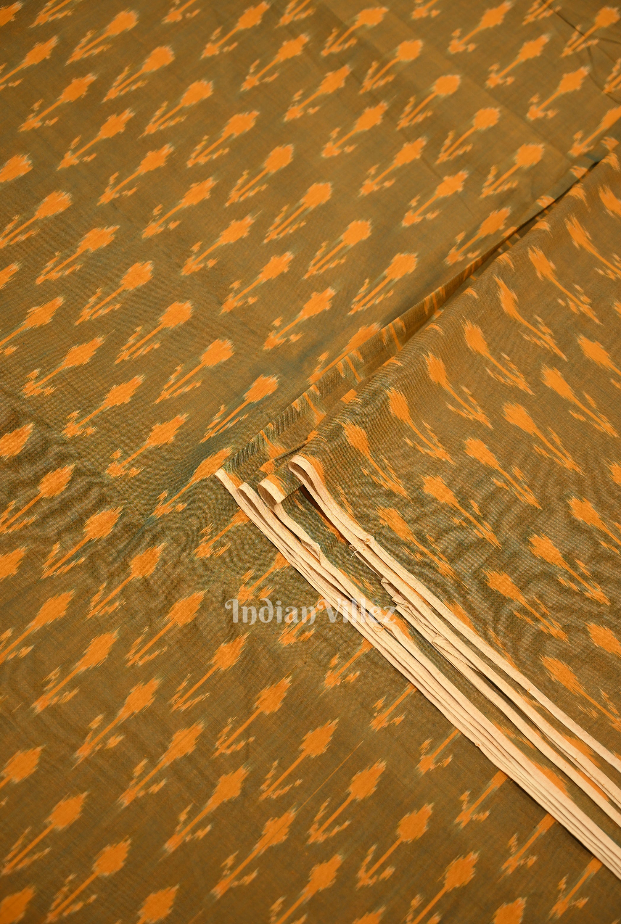IndianVillèz Olive Green Dual Tone Green Pochampally Ikat Cotton Fabric - view 2