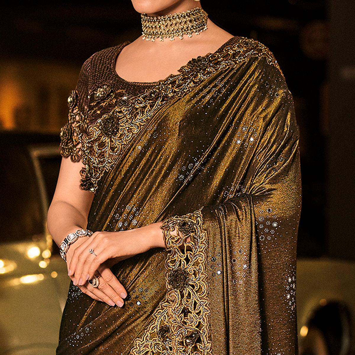Peachmode Brown Partywear Embroidered Embellished Mirror Work Net Saree - view 2