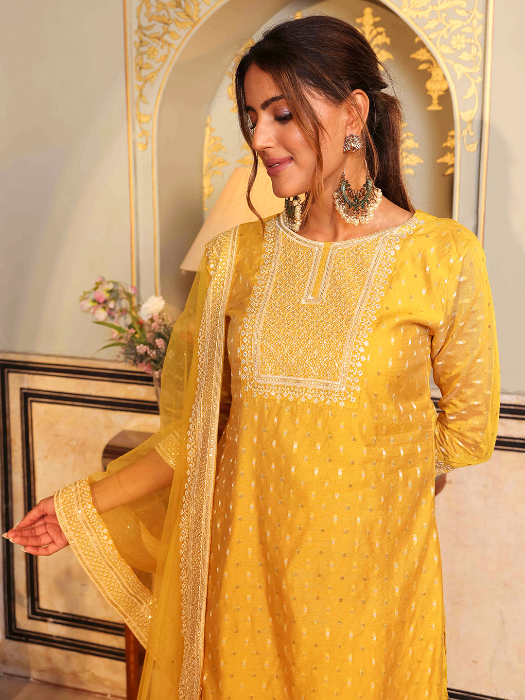 Fashor Solid Ethnic Woven & Embroidered Straight Kurta with Pant & Dupatta - Yellow