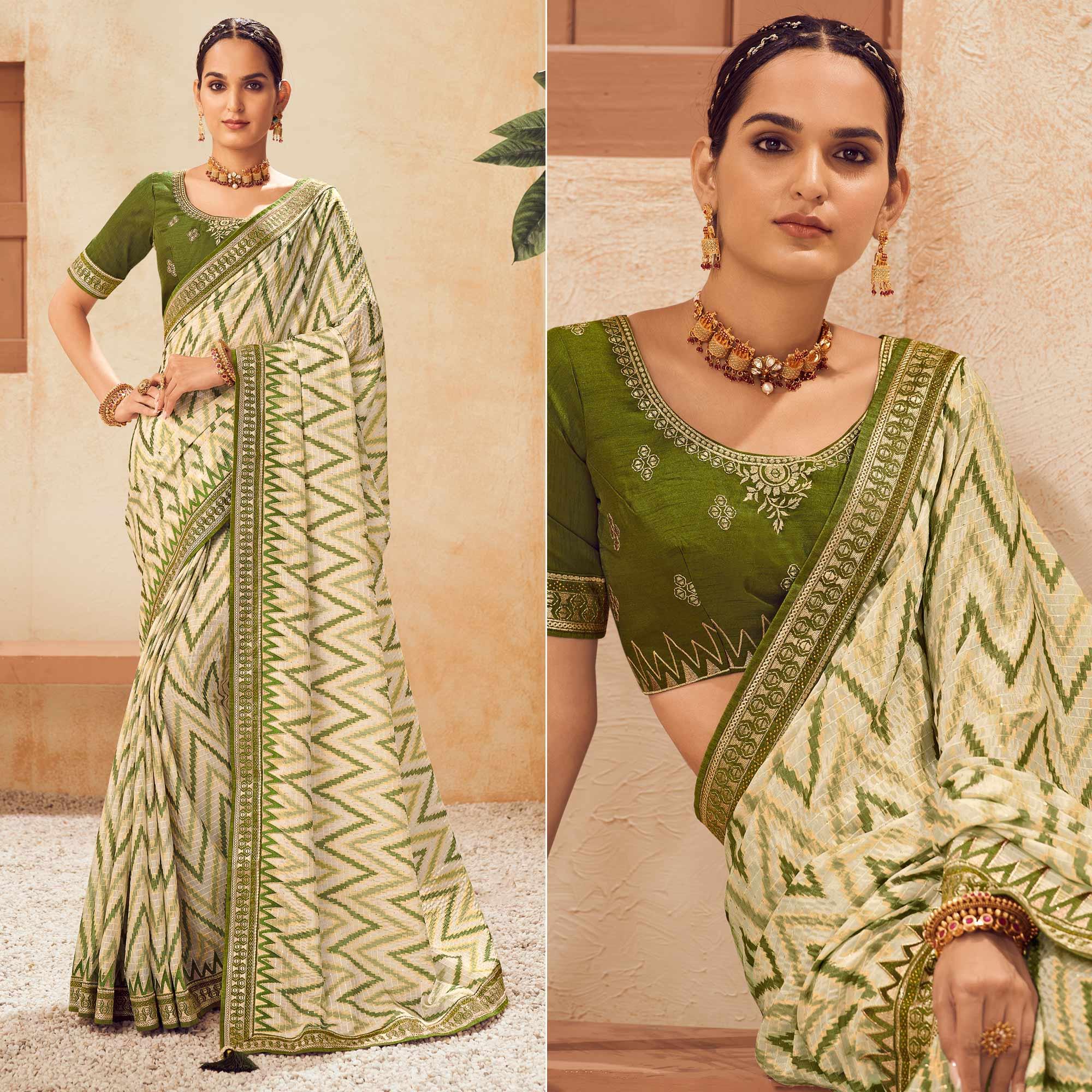 Peachmode Cream Printed With Embellished Chiffon Saree With Tassels