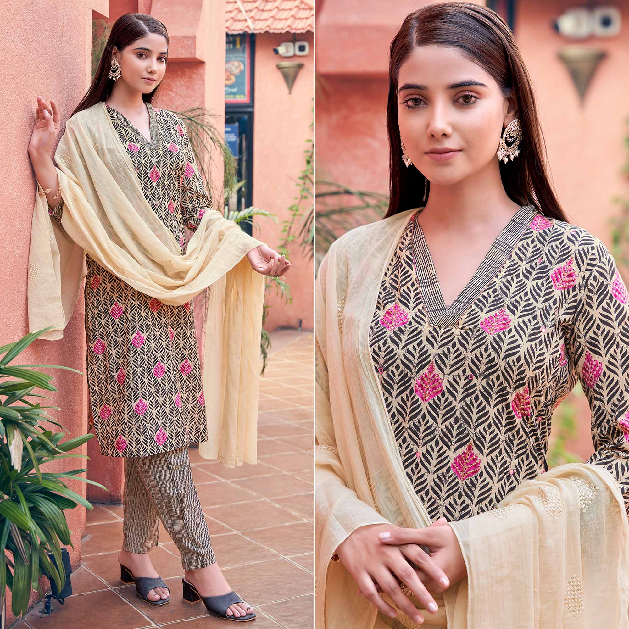 Peachmode Chikoo Floral Printed Pure Cotton Suit