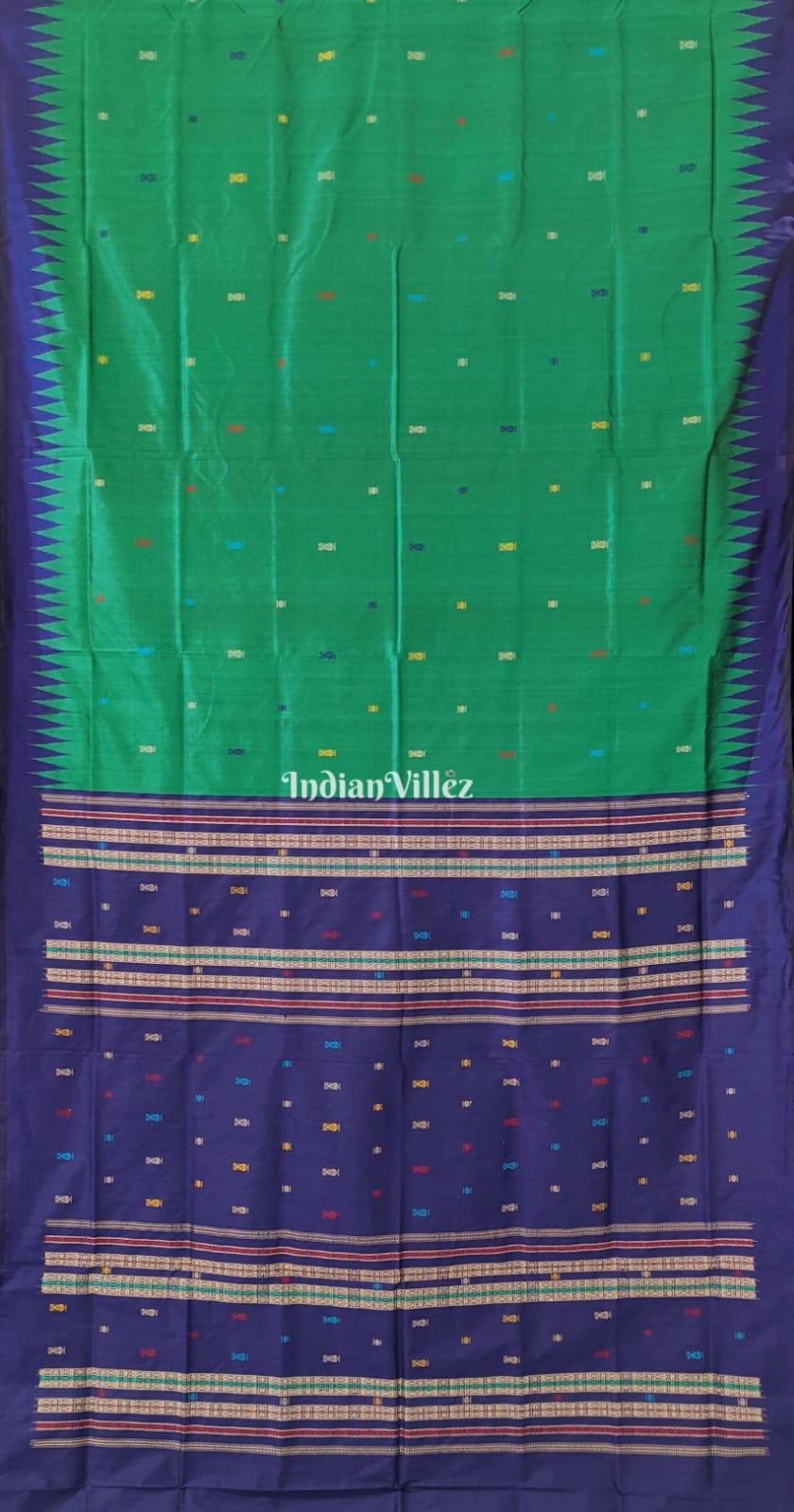 IndianVillèz Green Blue Fish Motif Odisha Ikat Bomkai Silk Saree
