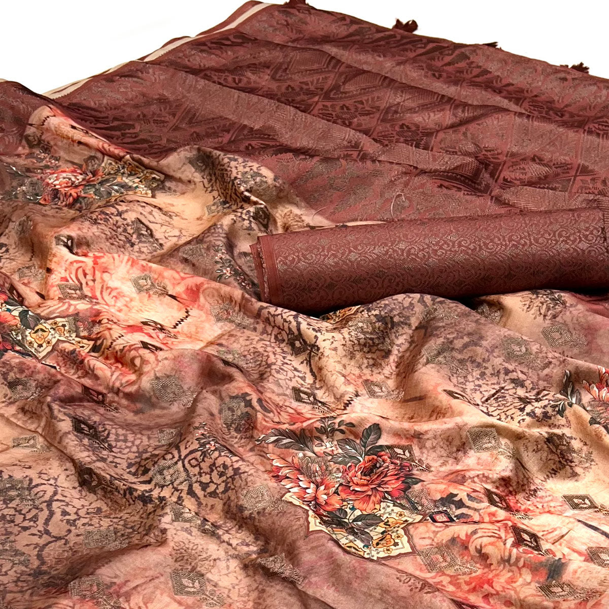 Peachmode Brick Red Woven With Digital Printed Art Silk Saree - view 2