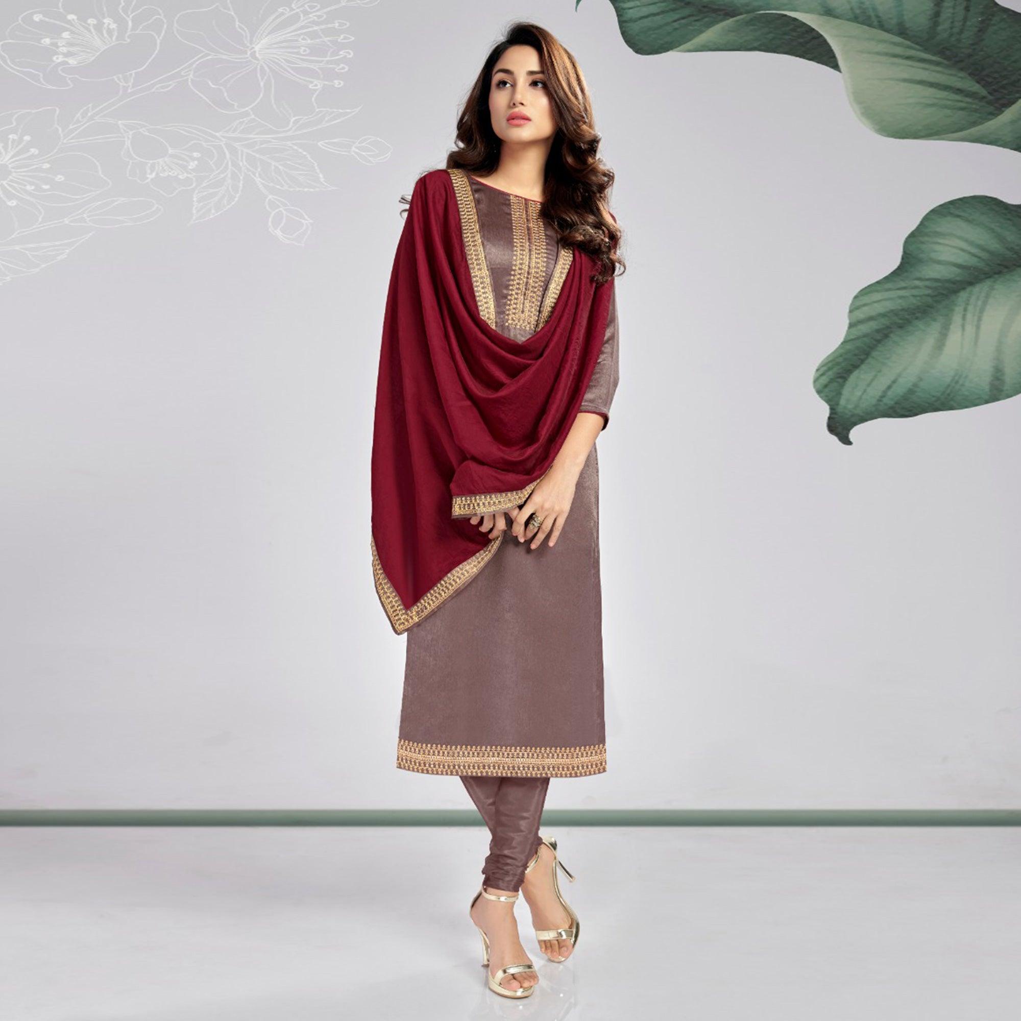 Peachmode Brown Casual Wear Embroidered Sanaya Silk Dress Material