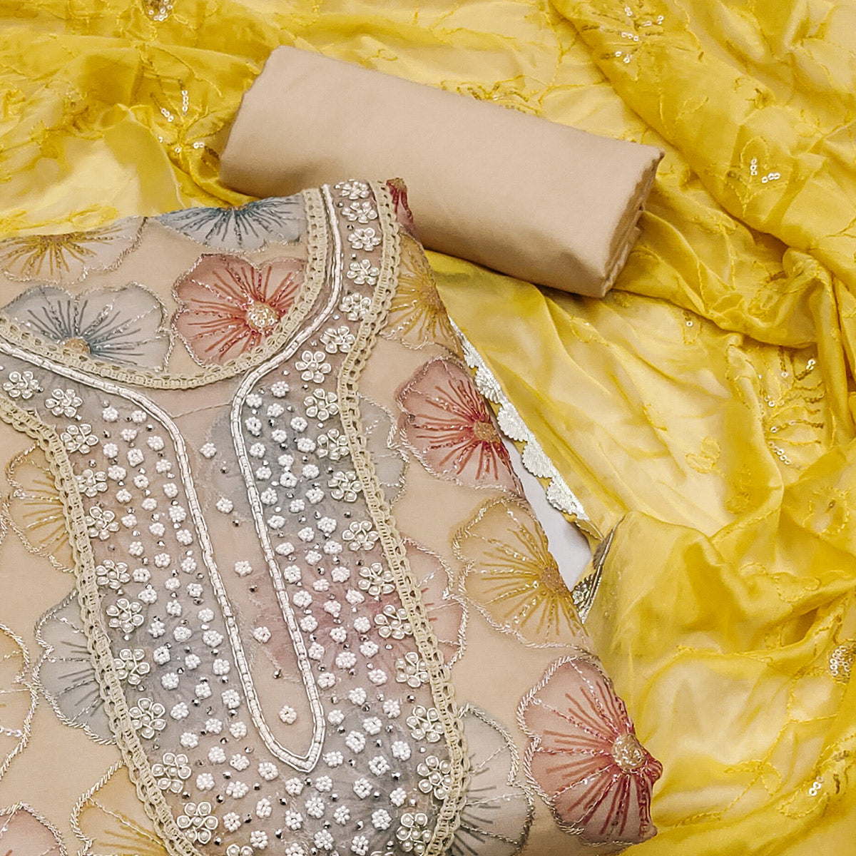 Peachmode Chikoo Floral Hand Embroidered Organza Dress Material - view 2