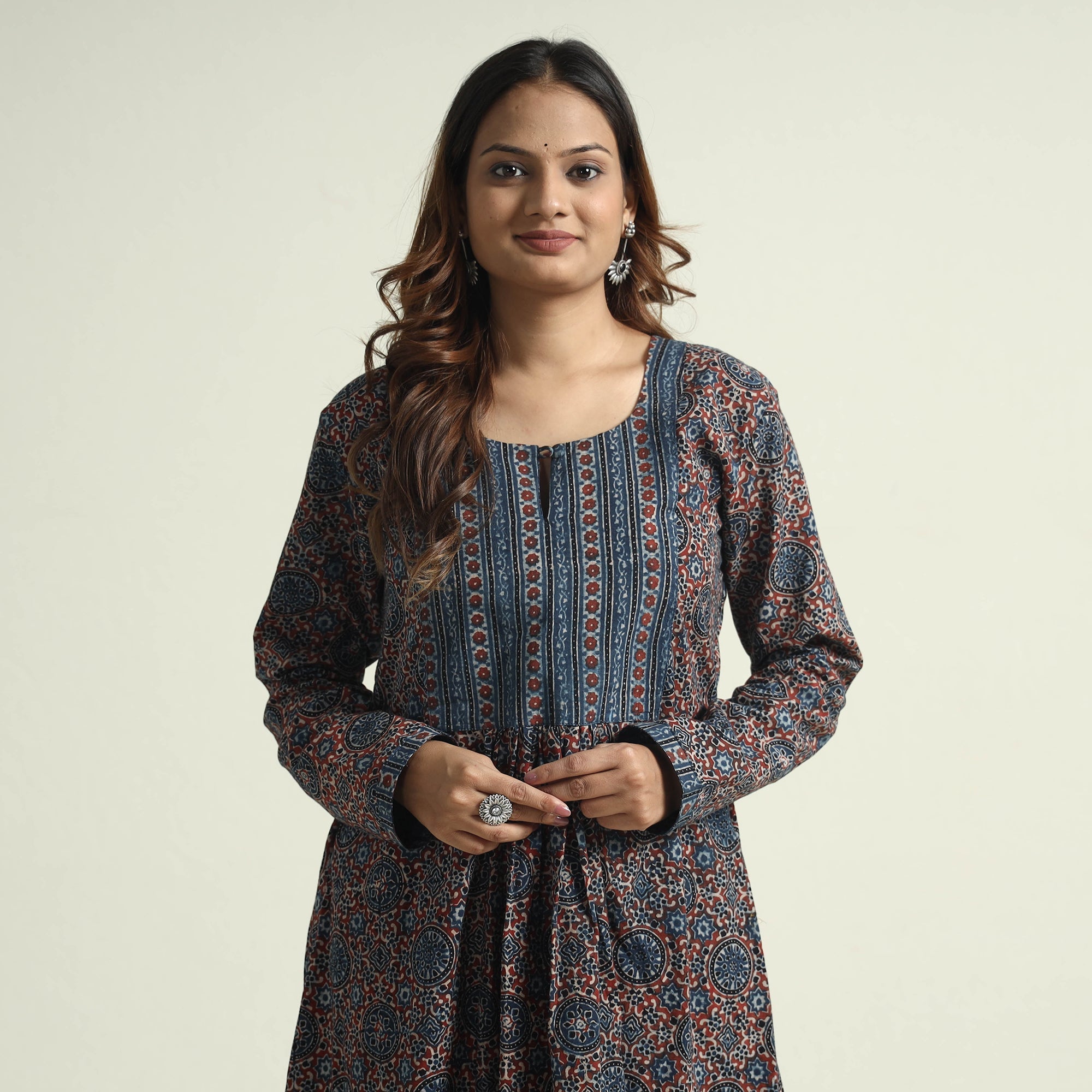 ITOKRI CASUALS Blue - Block Print Cotton Flared Ajrakh Kurta with Palazzo Set - view 2