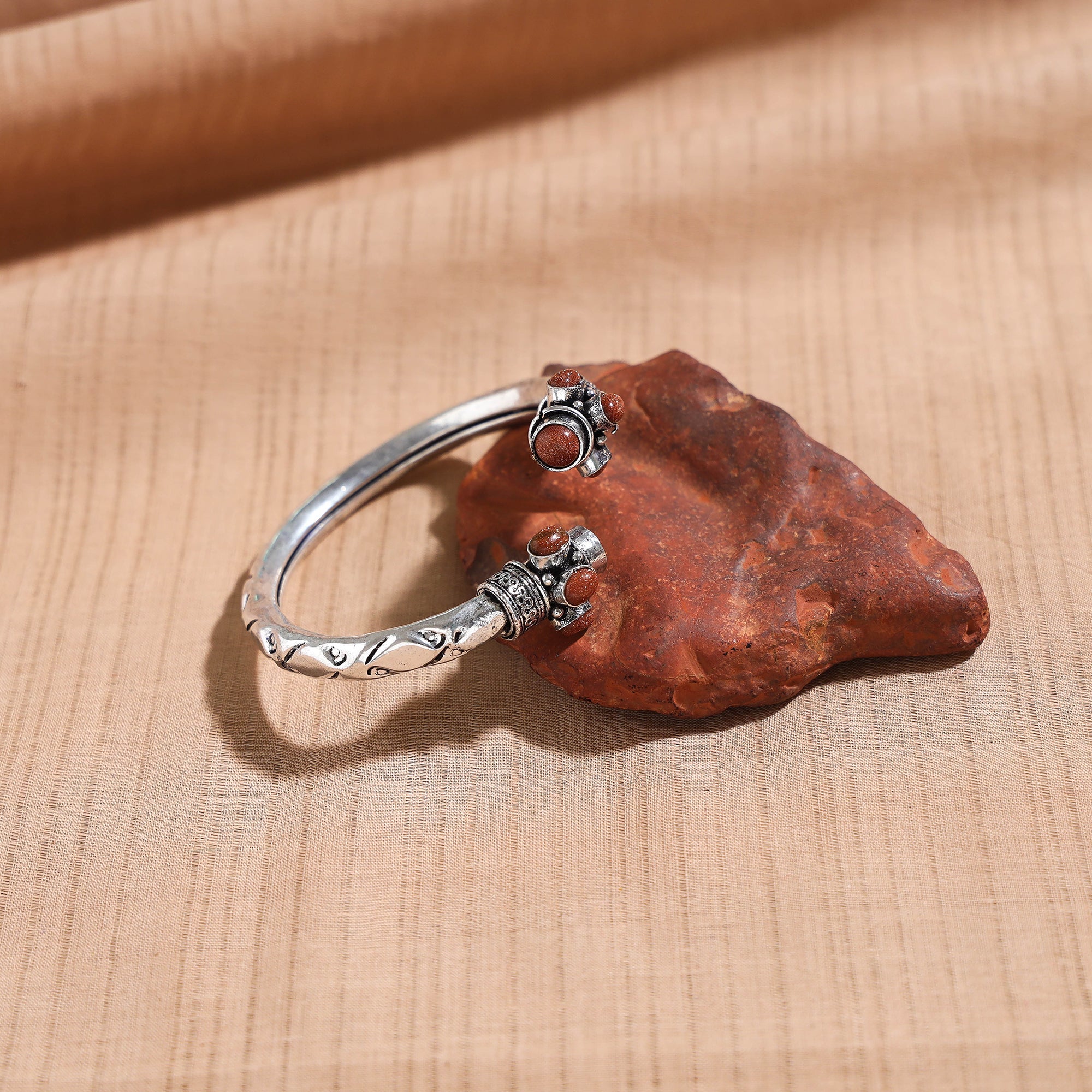 WHITE RIVER STORIES Antique Finish Oxidised German Silver Stone Bangle / Kada (Adjustable)