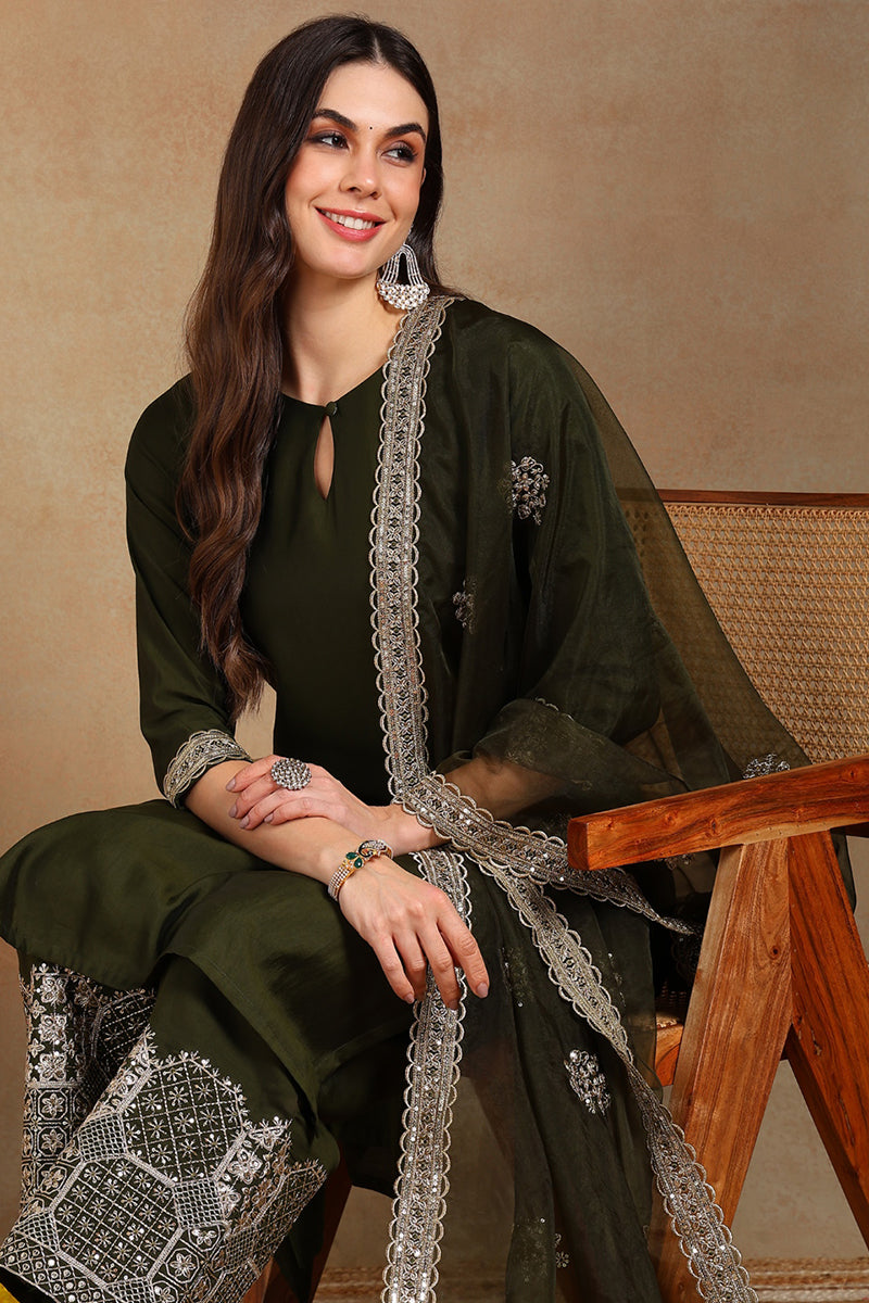 Ahika Olive Green Silk Blend Solid Straight Suit Set PKSKD2744