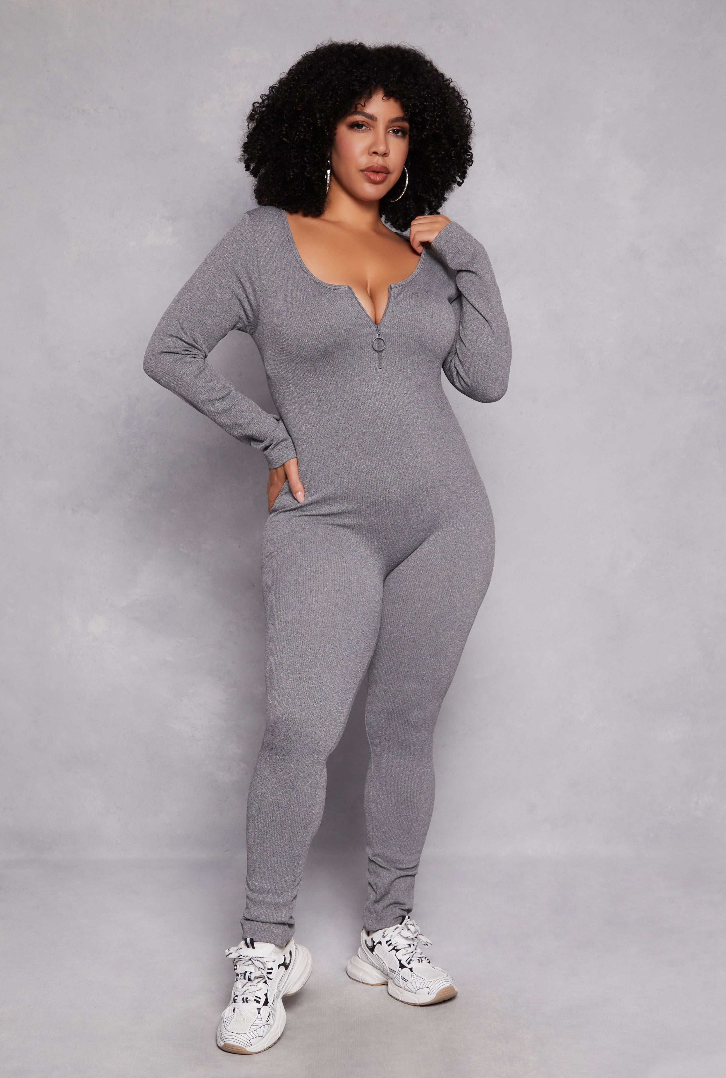 Rainbow Shops Plus Size Long Sleeve Half Zip Catsuit - view 2