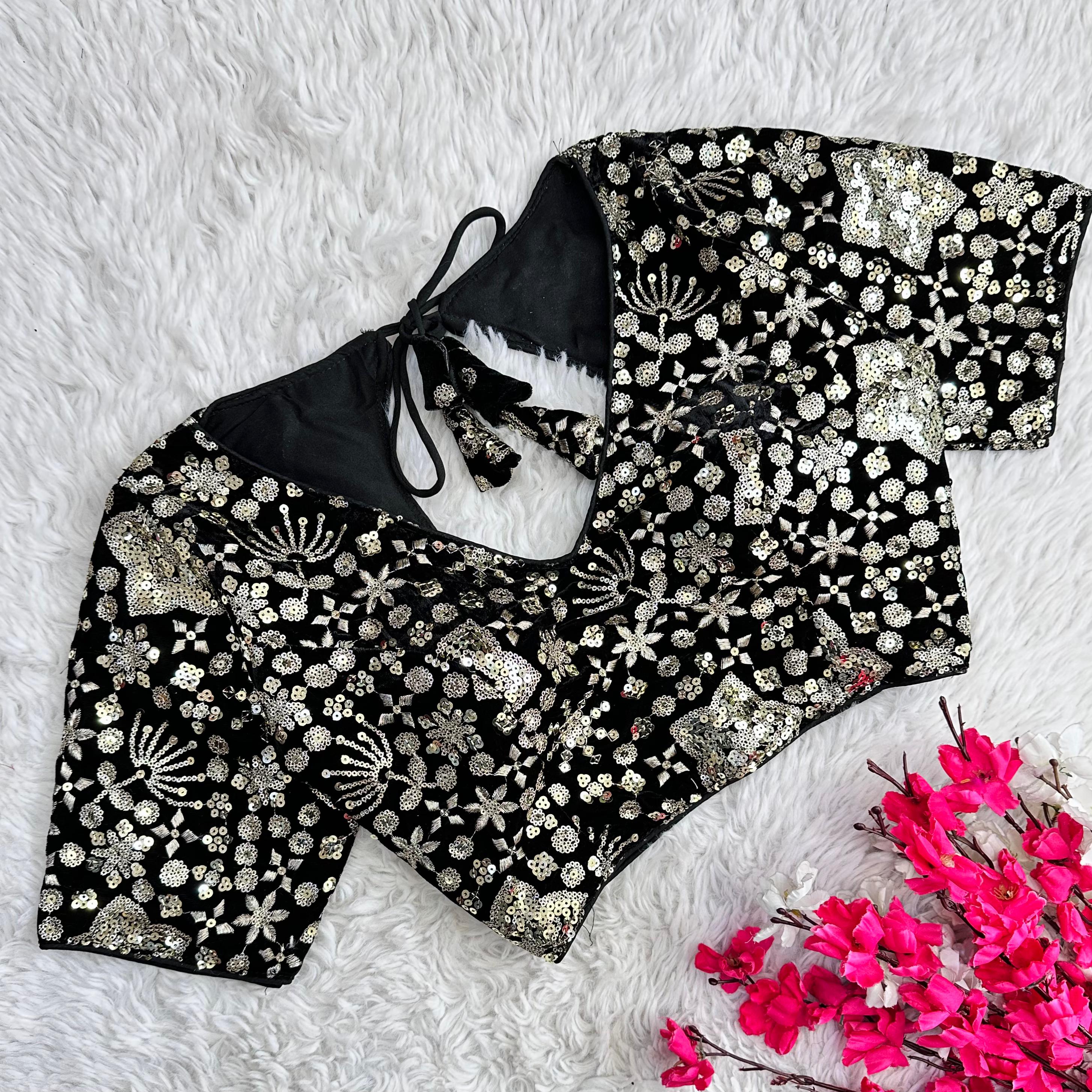 ClothsVilla Black Golden Embroidered Velvet Blouse with Sequins