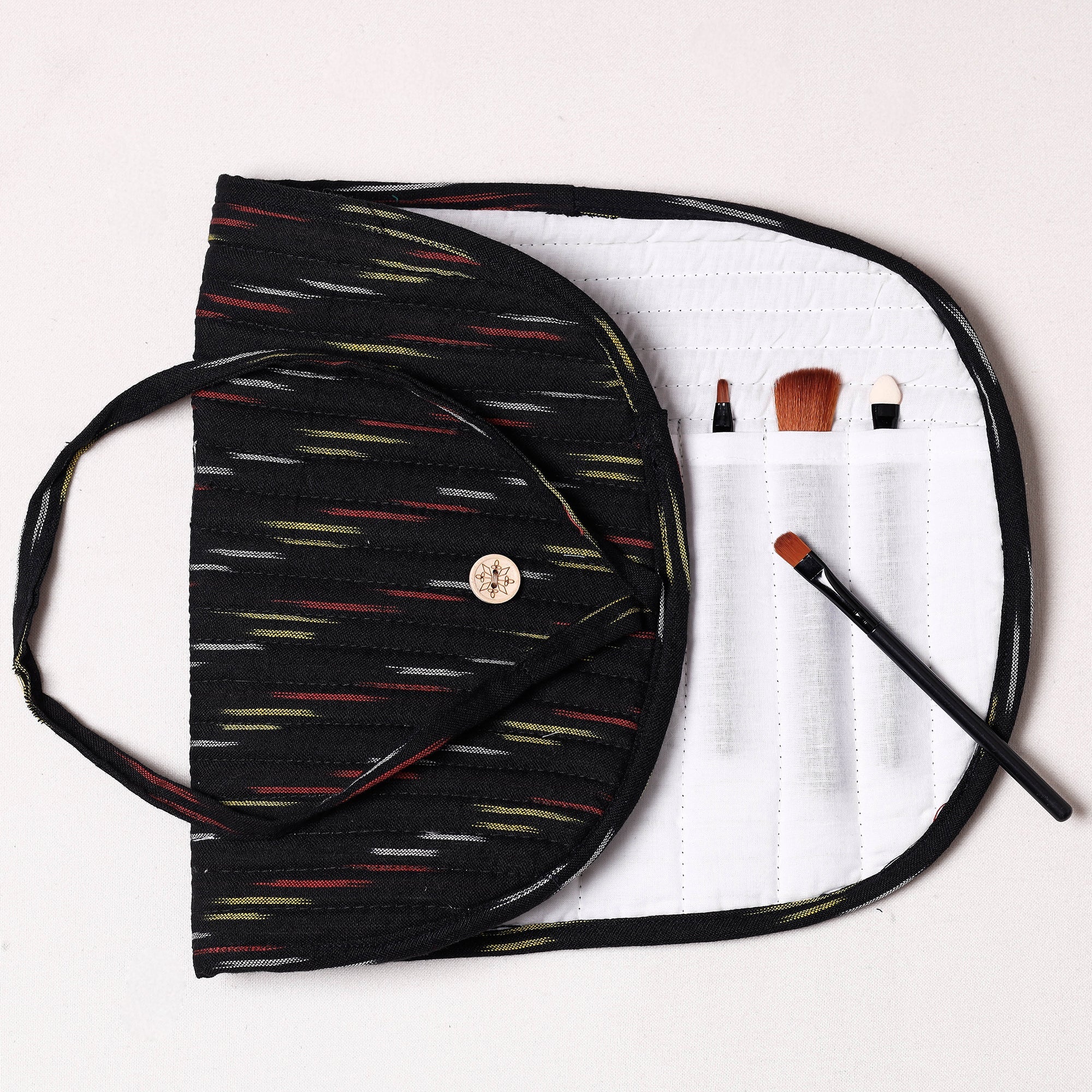NOORI BAZAR Black - Ikat Fabric Multipurpose Segmented Make-up Brush Wrap Pouch/Case